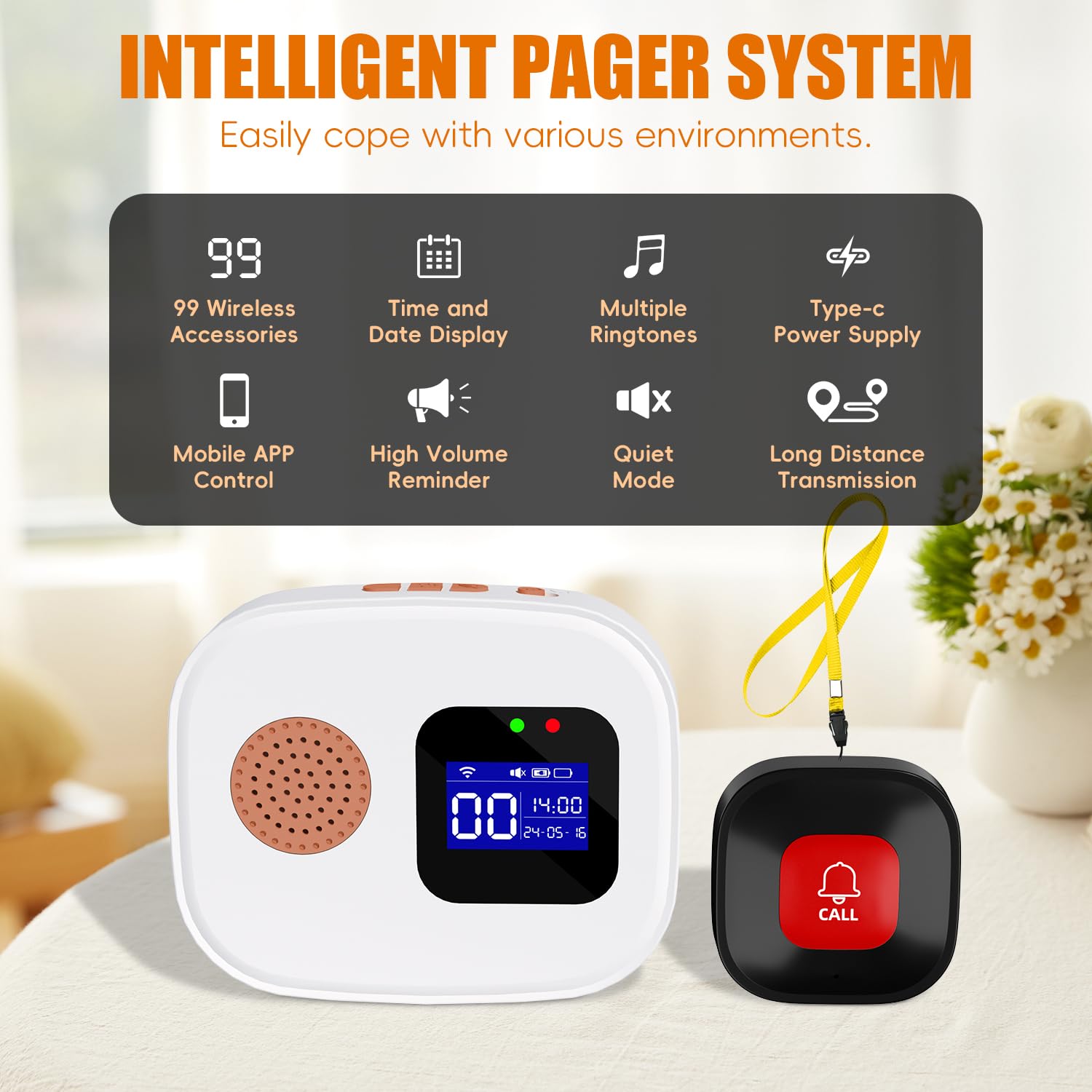 Pager SOS Intelligente per Anziani, Pulsante Salvavita Anziani App Tuya Smart/Smart Life,WiFi2.4G(433MHz),Salvavita Anziani 12 Suonerie Personalizzate, Distanza d’Uso 100m, Adatto per Casa di Riposo