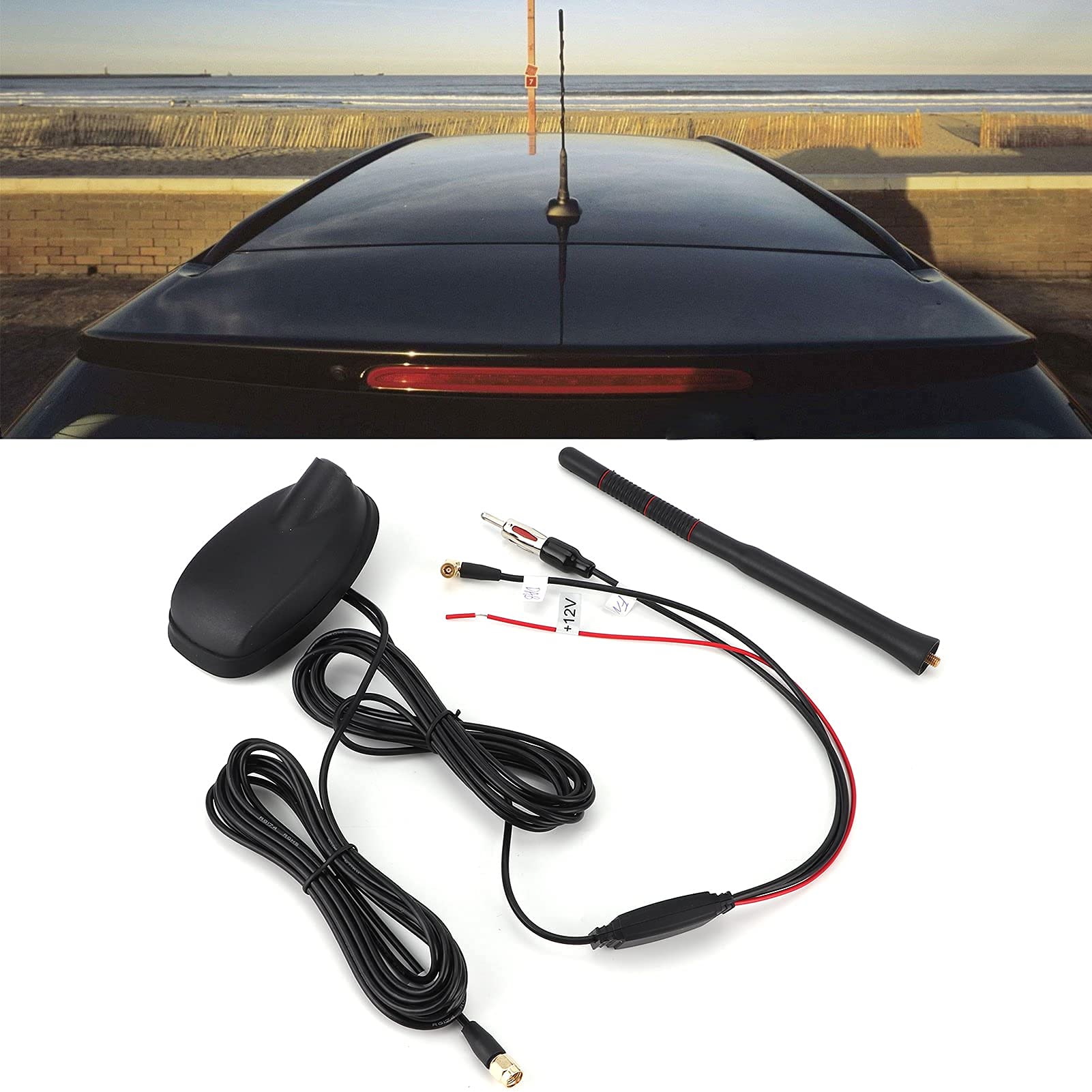 Antenne Dab de Voiture, Antenne Dab+GPS+FM Antenne de Voiture Radio Numérique Antenne de Toit Combinée FM/AM avec Amplificateur de Signal Adaptateur SMB DIN
