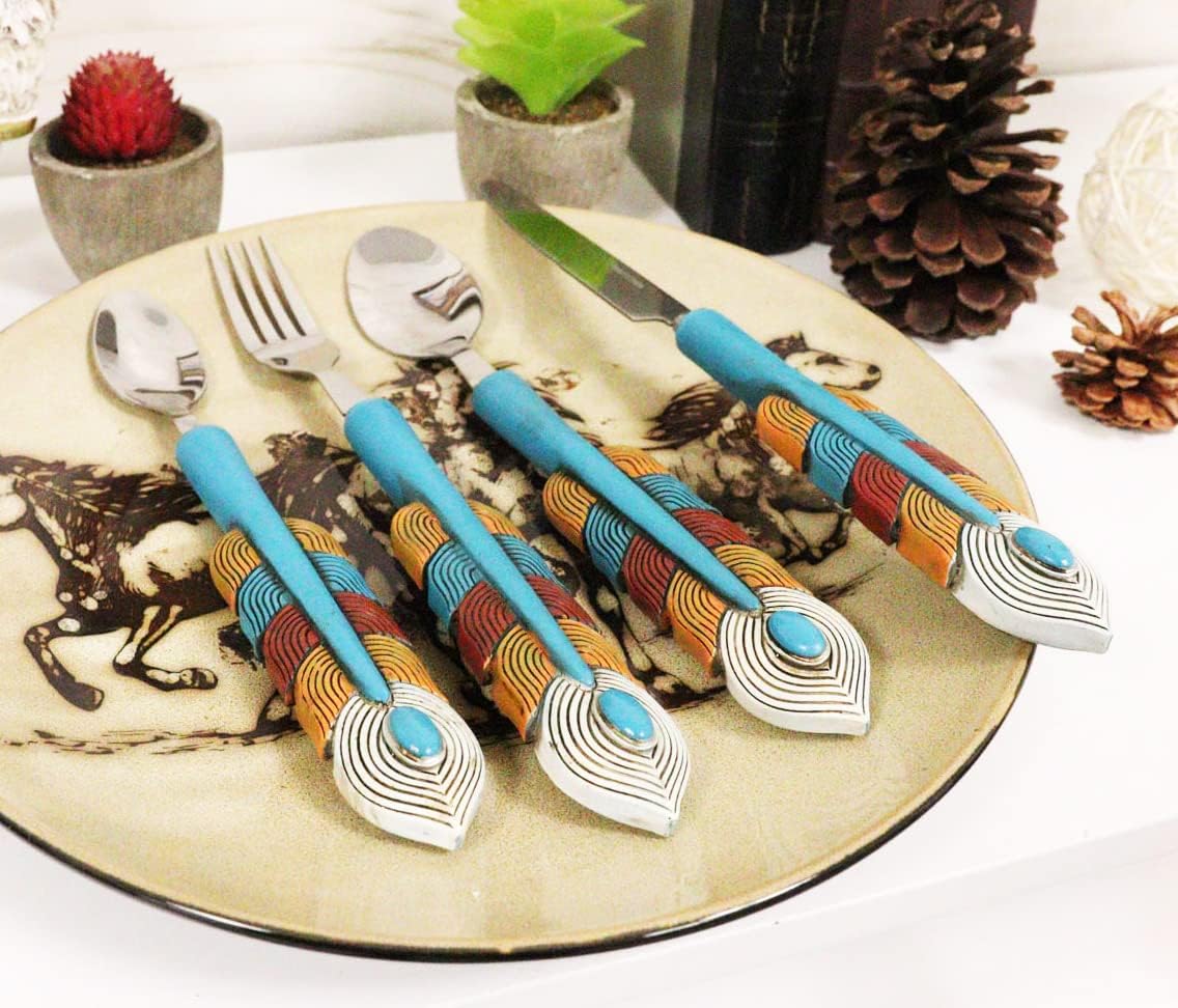 Ebros Gift Southwest Boho Chic Native American Indian Turquoise Dreamcatcher Feather Design Tableware Flatware Set Resin Sculptures Fork Spoon Knife And Teaspoon Pack (1)