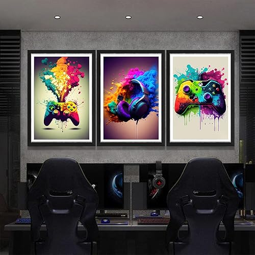 Miniatura 2 de Arte decorativo de pared para sala de juegos, con mango de videojuegos, auriculares, graffiti, póster con luz de neón, imagen para niños, jóvenes,