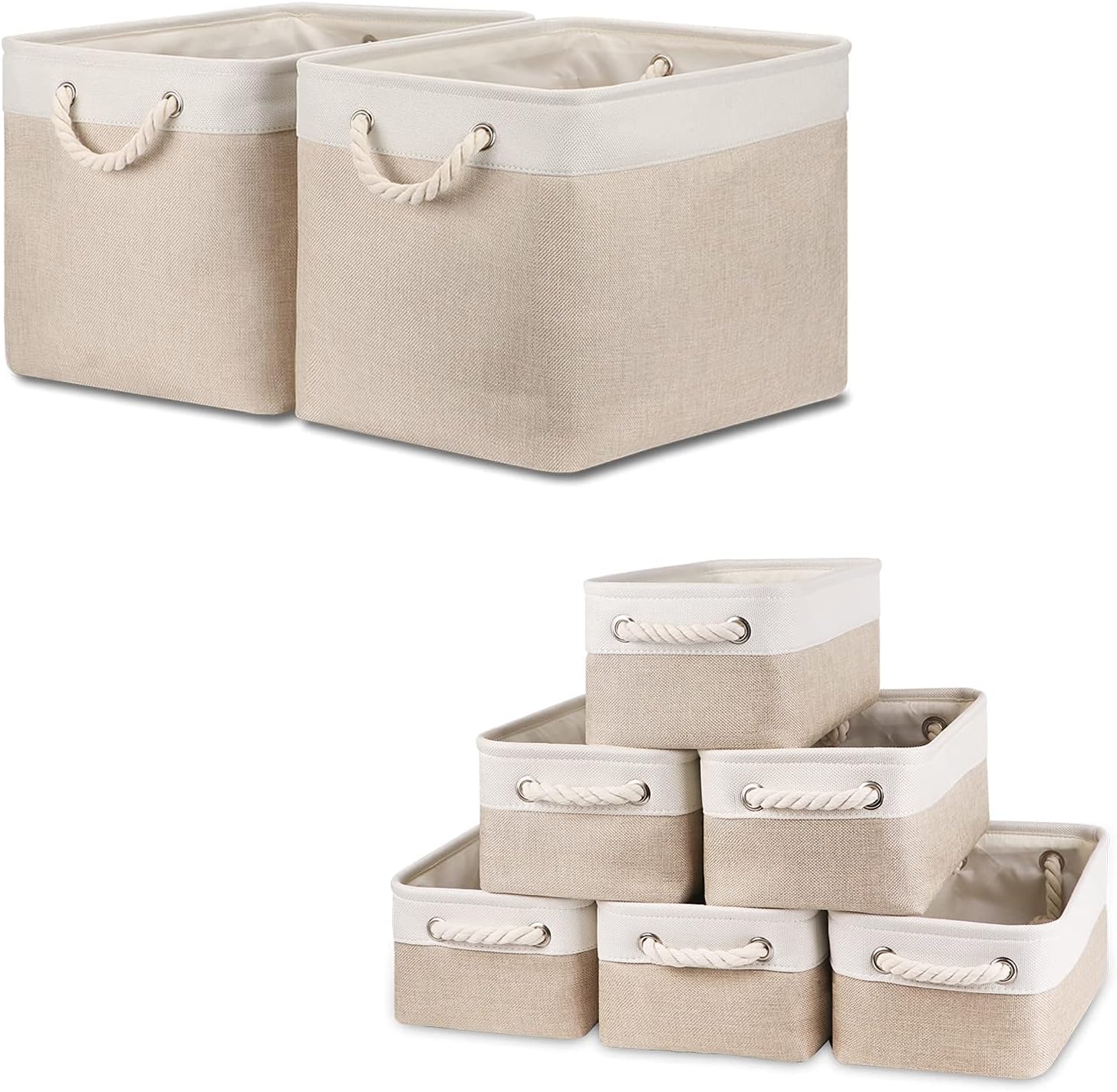 Bidtakay Beige Fabric Storage Bins - 2 Large (16" x 11.8" x 11.8") + 6 Small (11.8" x 7.8" x 5")