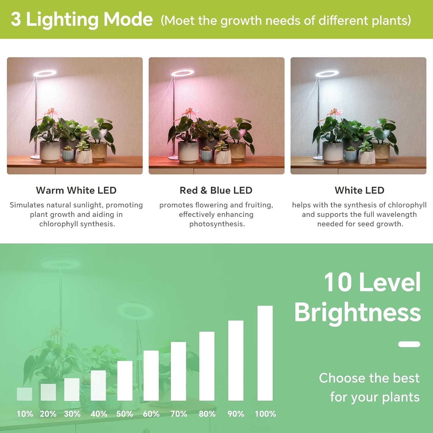 Desktop Grow Light, Height Adjustable Grow Lights for Indoor Plants Full Spectrum, 3 Lighting Mode, Halo Grow Light with Timer, Plant Lights for Indoor Growing (White)