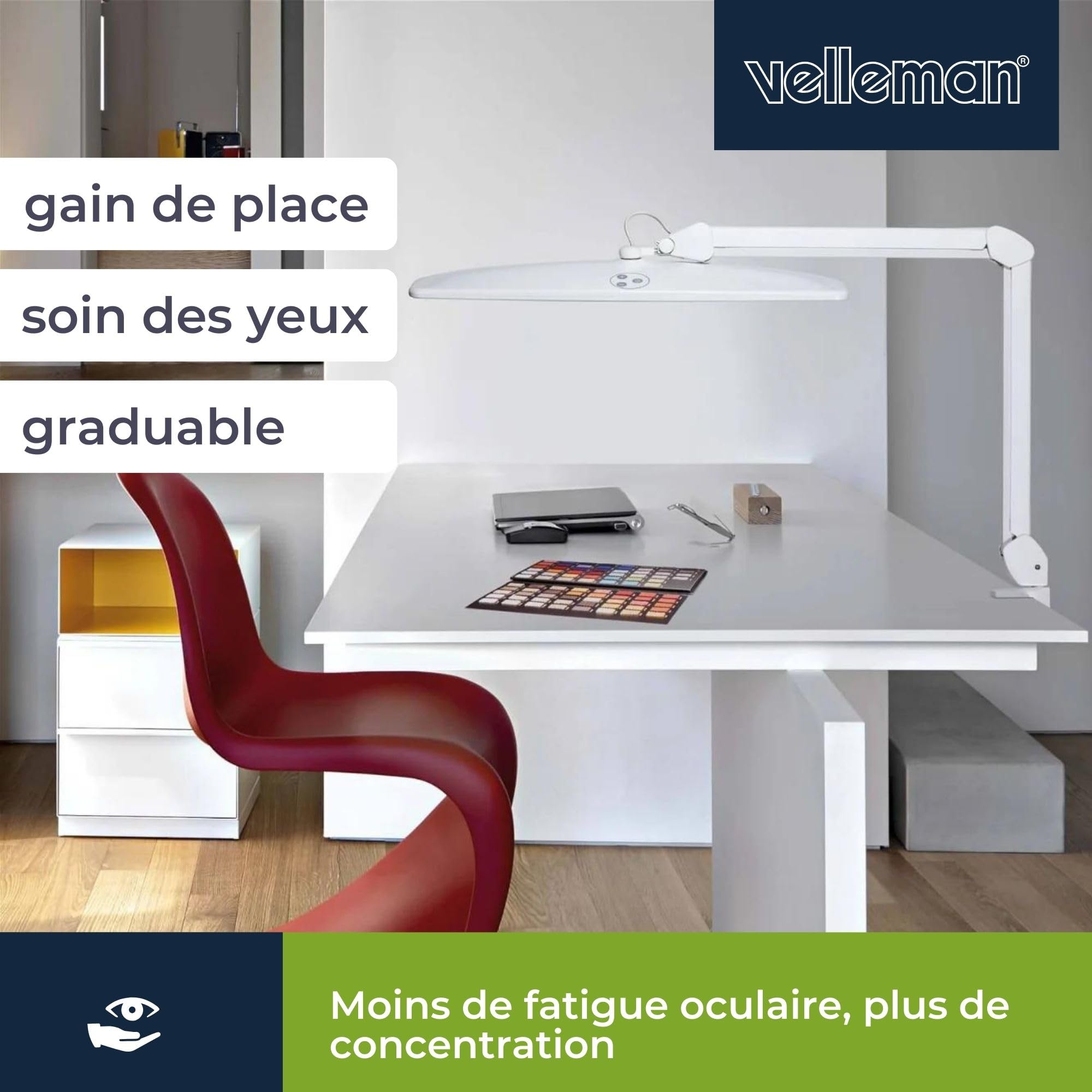 Velleman lampe de bureau LED avec pince, bras articulé, interrupteur marche/arrêt, fonction variateur, 84 LED, 58 cm largeur, 21 W, 6500 K, 2000 lumens, haut CRI, design moderne, blanc