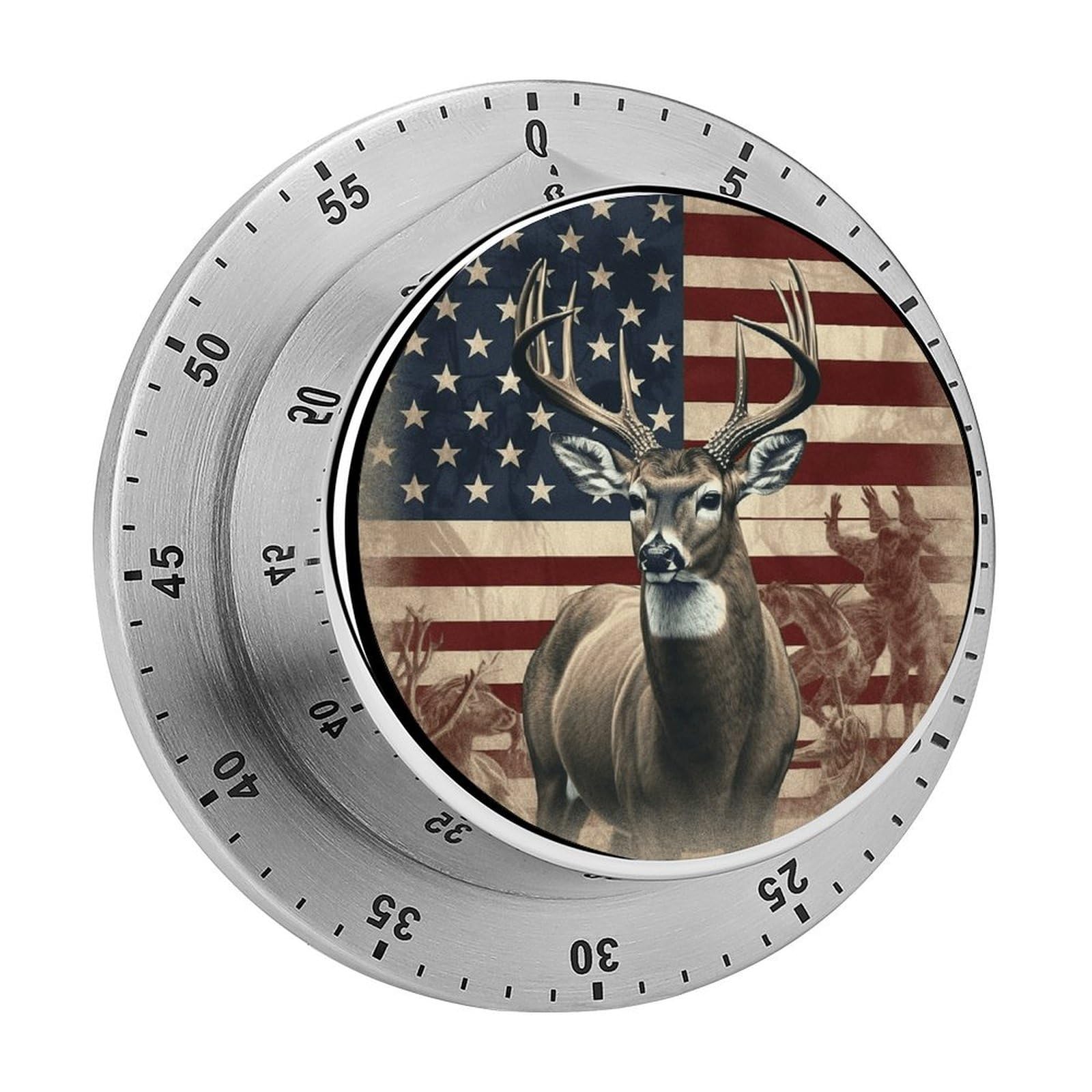 Americana Flag Deer Timer with Loud Alarm Precision 60 Minute Wind Up Timer Portable Manual Countdown Timers Exquisite Stainless Magnetic Kitchen Timers for Cooking Chef Clock