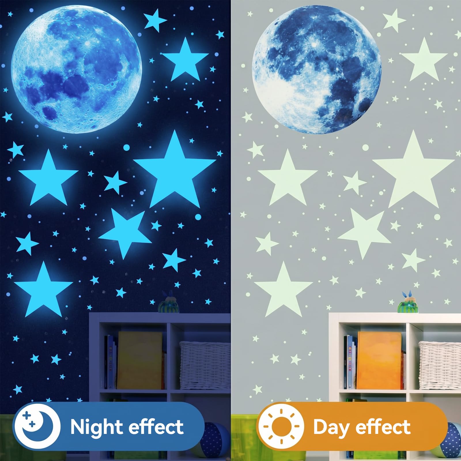 Pegatinas de pared fosforescentes Luna Estrellas compatibles con dormitorio salón, pegatinas adhesivas, color azul 20 cm