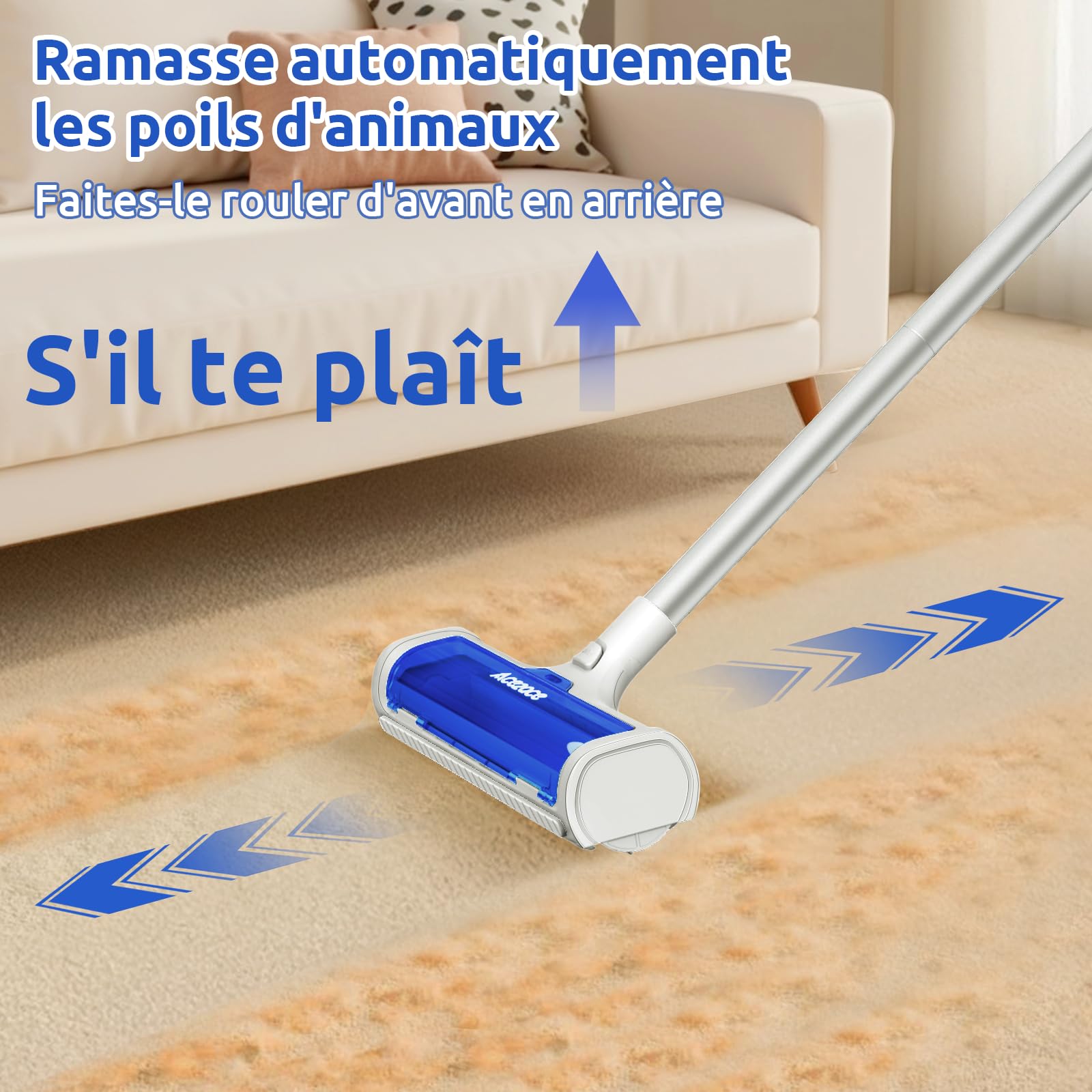 ACE2ACE Brosse Tapis Poils Animaux, Tapis Brosse pour Poils Chiens et Chats, Rouleau Anti Poils pour Tapis, Brosse Réutilisable avec Manche Long Réglable 1,5 m, pour Tapis, Carpettes, Nattes, Bleu
