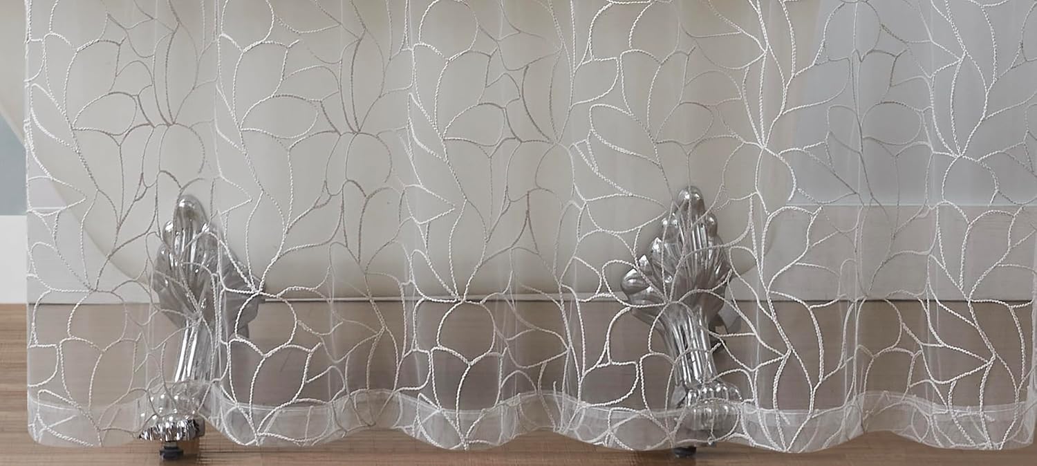 Warm Home Designs 72 Inch White Shower Curtain with Grey Embroidery. Sheer Gray Embroidered Shower Curtain Fabric Features Flowing Boho Design Bohemian or Shabby Chic Bathroom Decor. OLS Silver 72