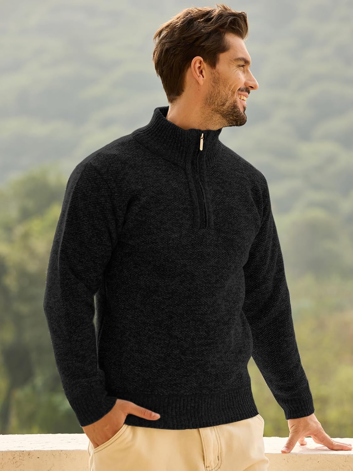 Les umes Mens Half Zip Jumper Plaid Fleece Lined Turtleneck Knit Sweater Long Sleeve Warm Stand Collar Pullover - Image 3