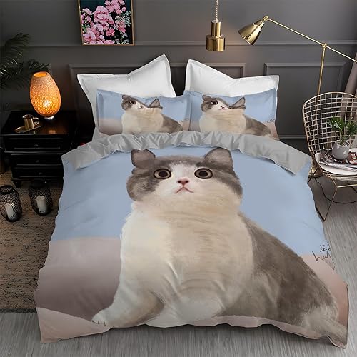 Painting Duvet Cover Queen Cat Print Bedding Sets Queen Soft Microfiber Comforter Cover and 2 Pillow Shams 20"X26", Bed Set Duvet Covers with Zipper