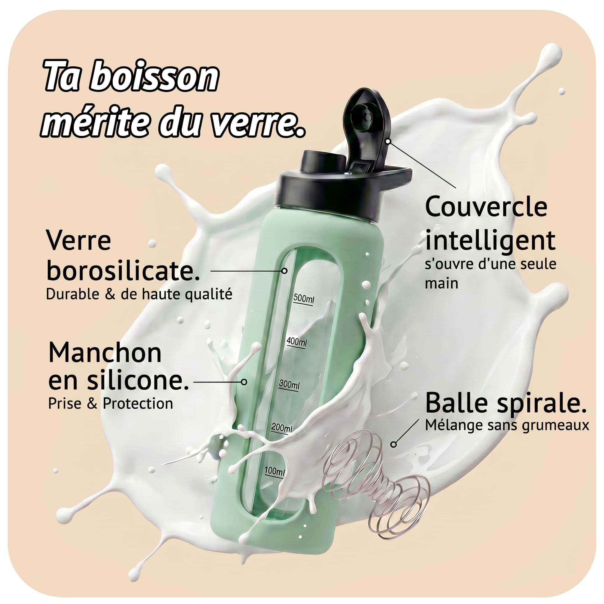 Shaker Protéines en Verre Trempé - 700ml Gourde avec Boule Mélangeuse | Étanche, Sans BPA & Résistant | Vert Pastel