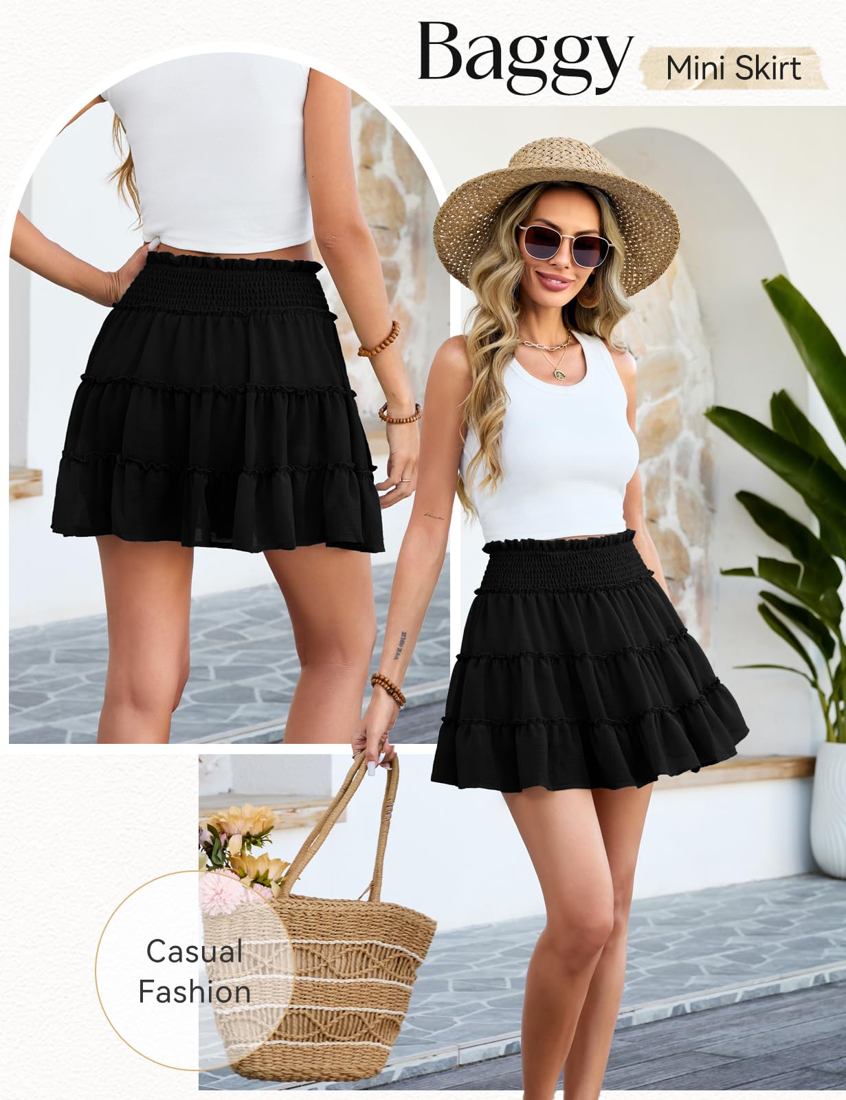 Faldas Mujer Verano Mini Cintura Alta Elástica Corta Falda de Playa con Short Forro