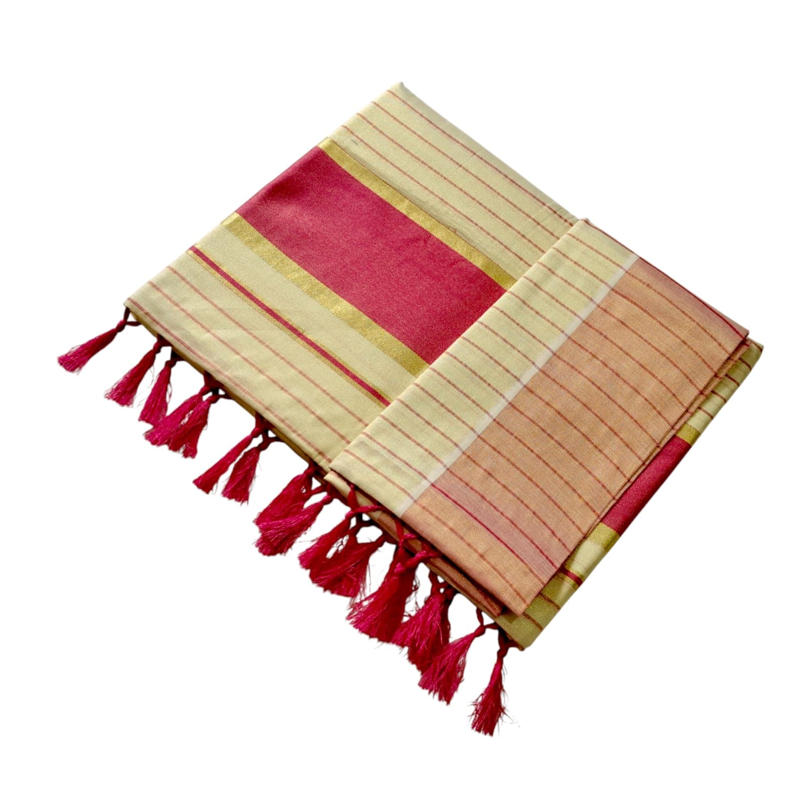 Kerala Cotton Gold Tissue Fancy Color Border Stripes Sarees with Running Blouse-image-2