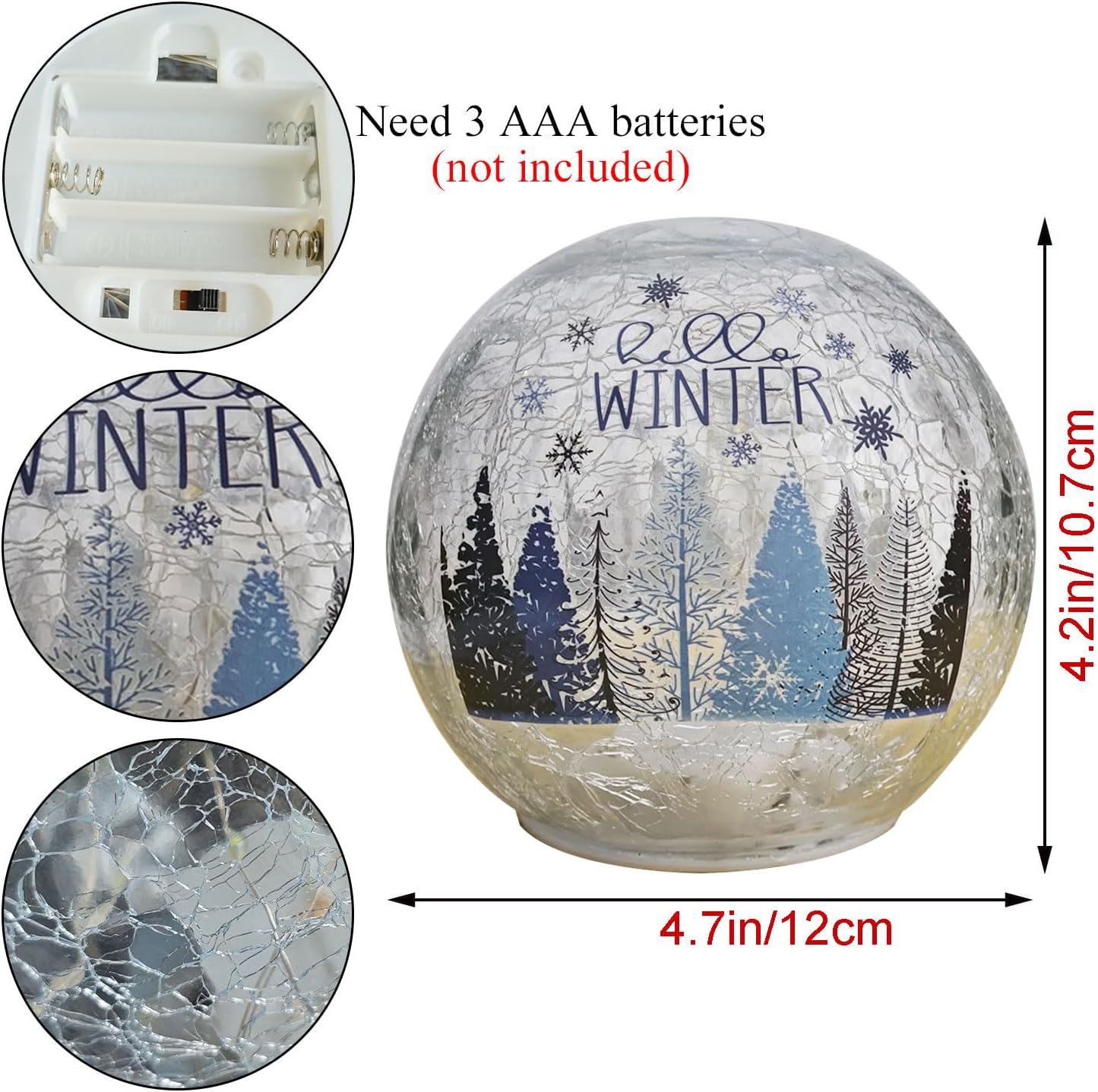 Light Up Blue Christmas Table Decor, 4.72'' Winter Crackled Glass Globe, Christmas Snow Globe Night Light Battery 0perated, Lighted Led Winter Holiday Decor, Crystal Ball Lamp
