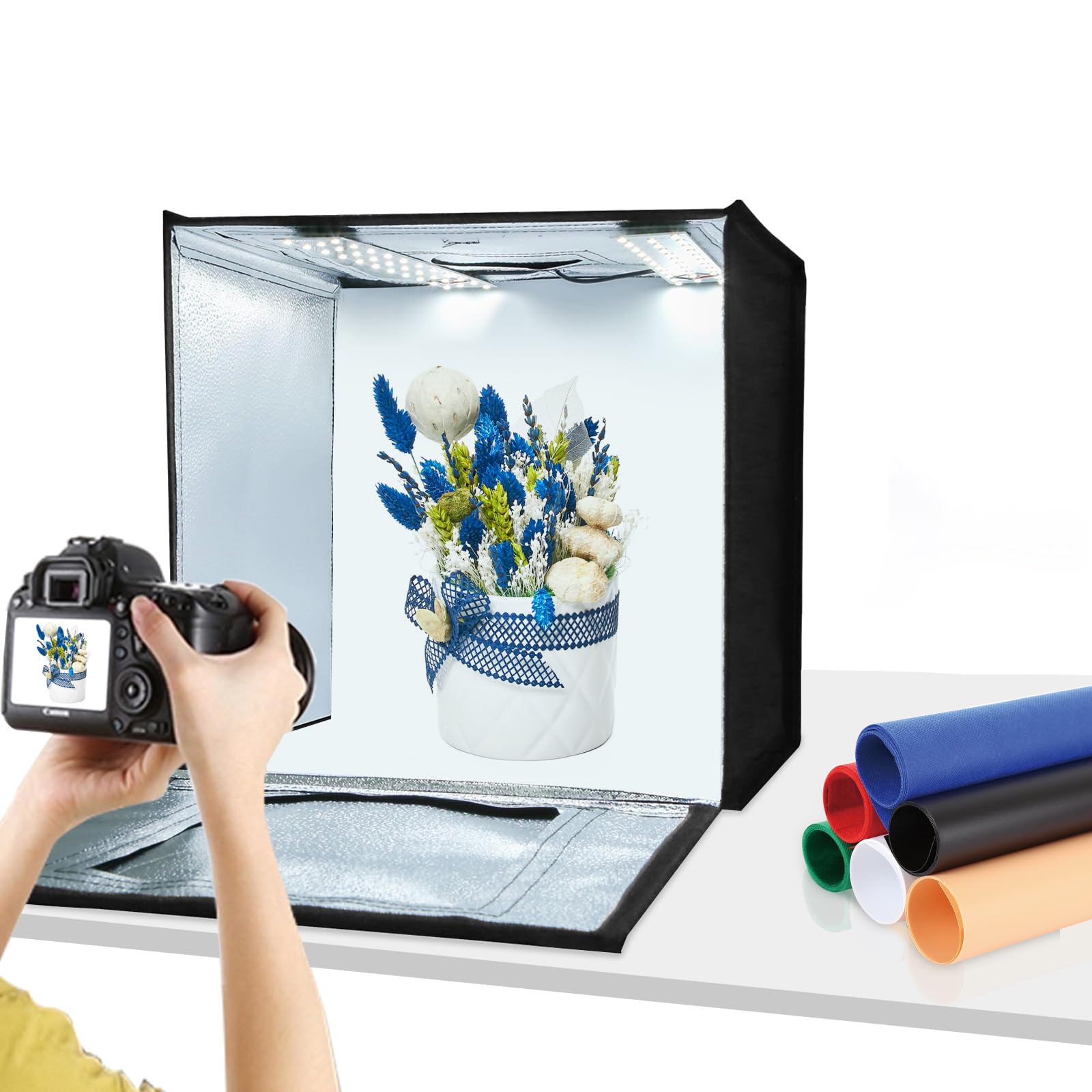 PULUZLight Box 40 * 40CM Photo Studio Lightbox Kit White Light Dimmable Portable Foldable Shooting Tent for Photography Items with 64 Beads + Soft Cloth + 2 Light Board + 6 Colors Backdrops