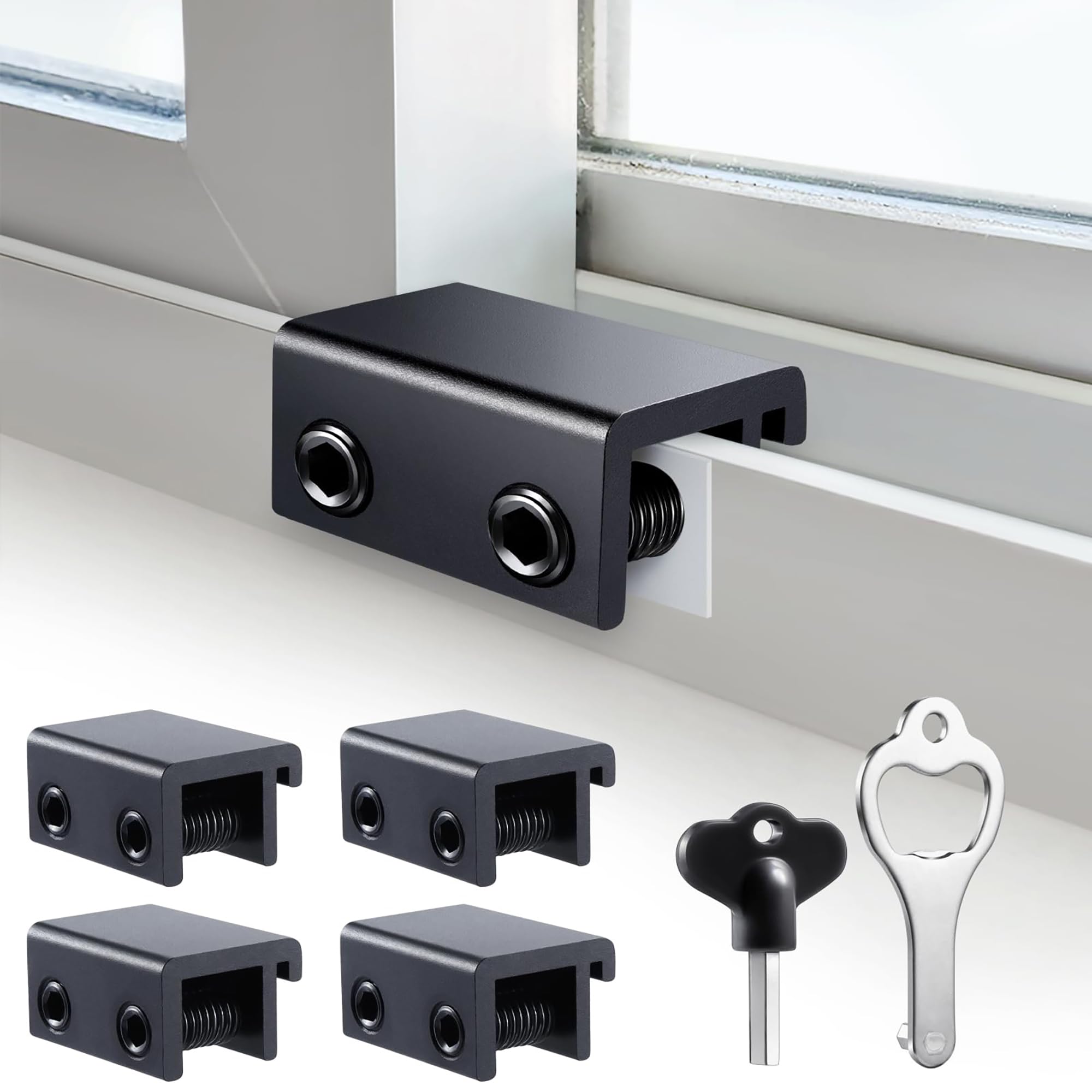 4 Sets] Sliding Window Lock with Key Aluminum Alloy Adjtable Security Lock (Silver) Single Hole Quick Installation Anti-Theft and Anti-Theft Suitable for Vertical/Horizontal Windows