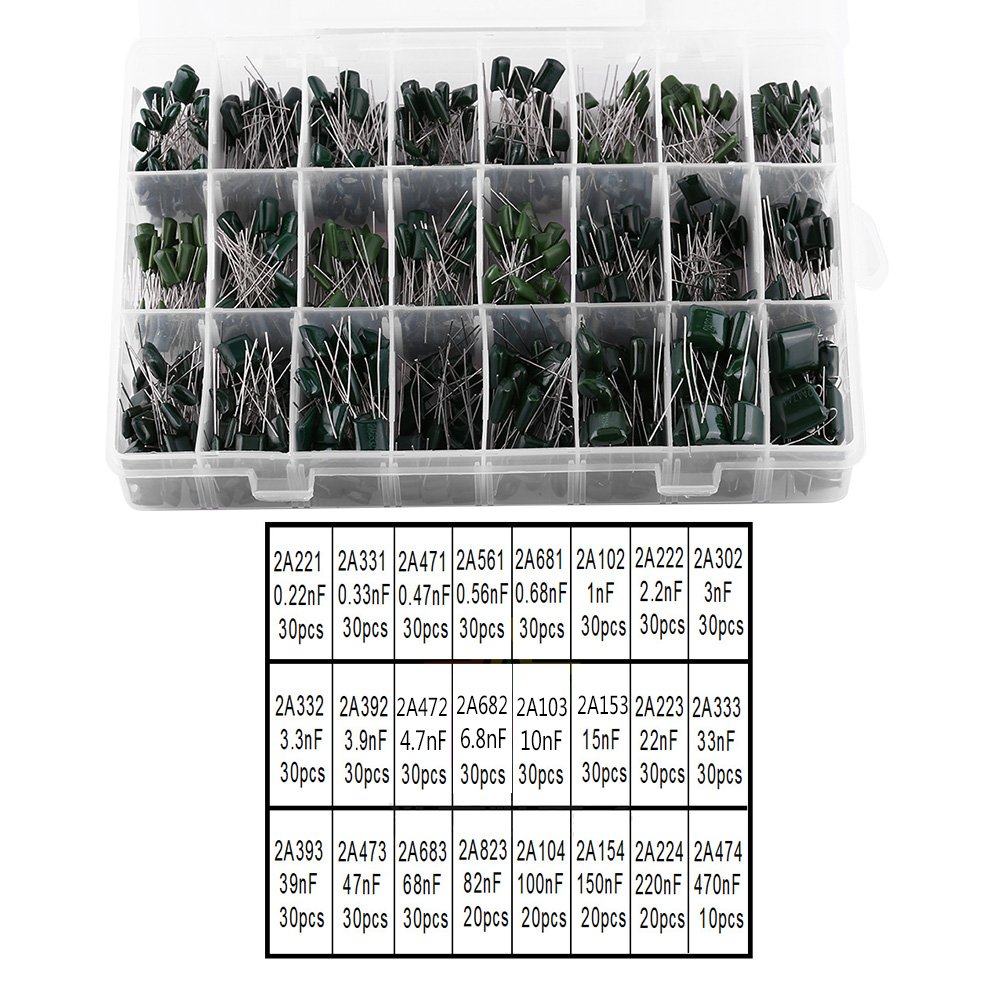 Duokon Kit Assortimento Condensatori a Film in Poliestere, Set di Condensatori Elettronici 660 Pezzi 24 Valori, 100 V da 0,22 NF a 470 NF con Scatola Trasparente per Studenti di Laboratori di