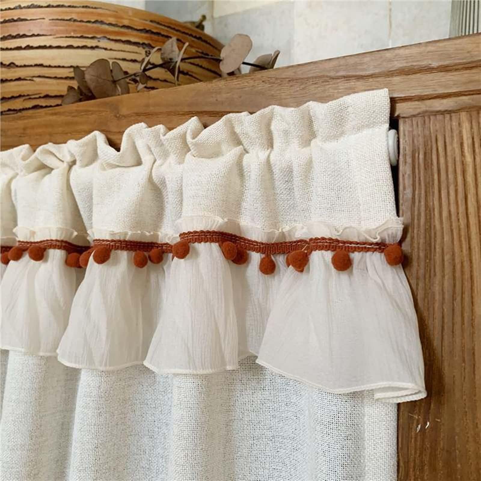 Küchen-Vorhänge 1 Stück Kurz,200 cm Breit,Klettverschluss | Einfarbig mit Pompon,Pflegeleicht Polyester,Lichtdurchlässig,Beige Weiß,200 x 100 CM