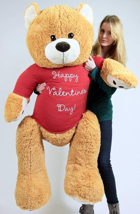 Giant Valentine Teddy Bear Five Feet Tall Soft Plush Wears Tshirt That says Happy Valentines Day