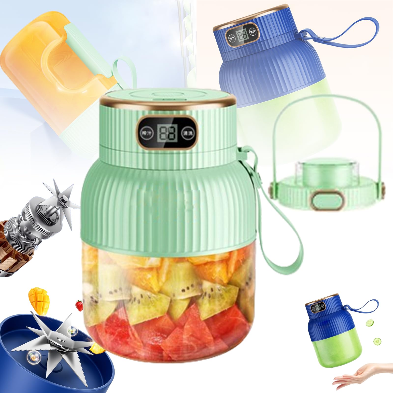 YULYOIE Multifunctional Portable Juicer Cup With Digital Display, Portable Blender Usb Rechargeable, Juice Cup Blender, Portable Juicer (Green Double Cover)