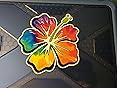 MAKTEM Hibiscus Pink Flower Decal For Cars Holographic Vinyl, Tropical Hawaiian Flower, Waterproof Auto Accessories, Summer Decorative Sticker For Case, Waterbottle, Window, Mirror, 1PC (Pink