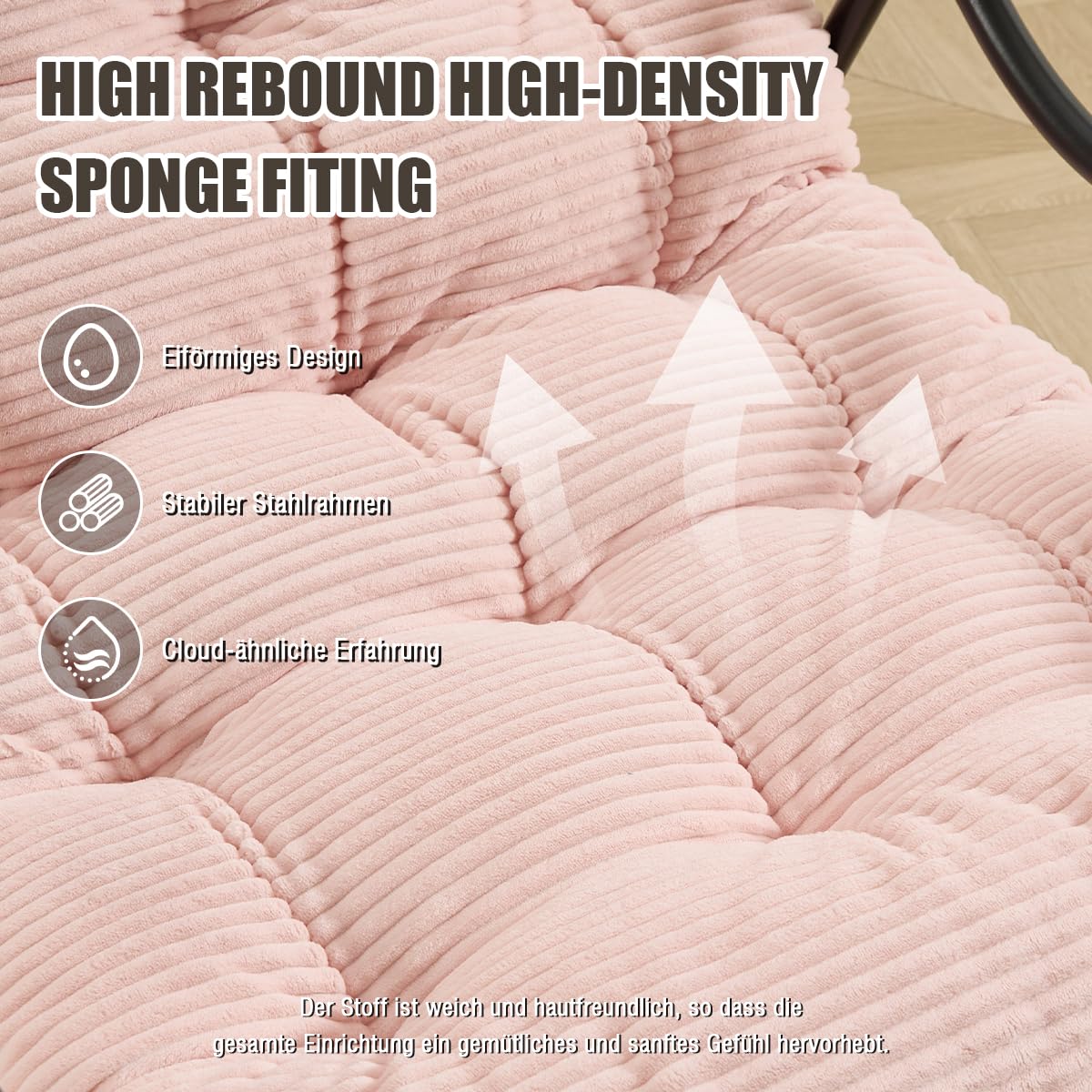 Schaukelstuhl Loungesessel ohne Armlehnen, Lesenstuhl Relaxstuhl mit Metalrahmen, Stuhl drinnen & draußen für Wohnzimmer Balkon Garten, Cord Pink