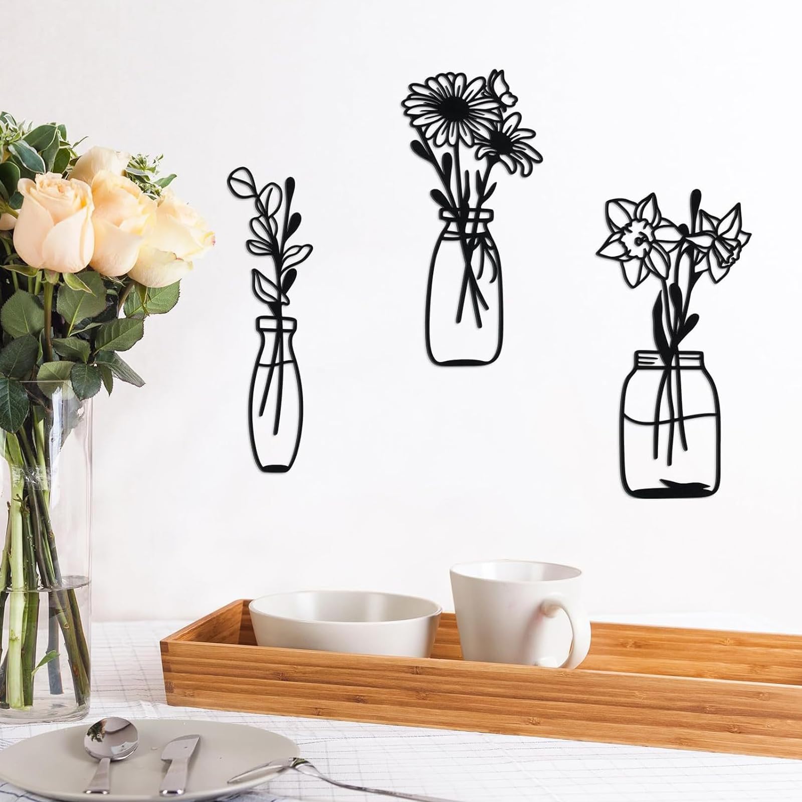 3pcs Decoro Parete Con Fiori In Metallo, Arte Parete Del Vaso Minimalista Decorazione In Ferro A Filo Nero Scultura Da Parete Floreale Per Balcone Soggiorno Camera Da Letto Sala Da Pranzo - 4