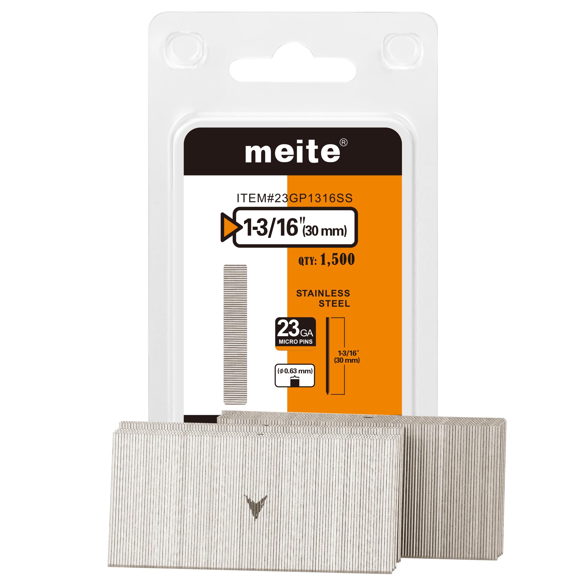 meite 23 Gauge Pin Nails, 1-3/16 Inch 304 Stainless Steel Pin Nails - Micro 23GA Headless Nails for Nail Gun for Trim, Craft, and Woodworking (1,500 Counts)