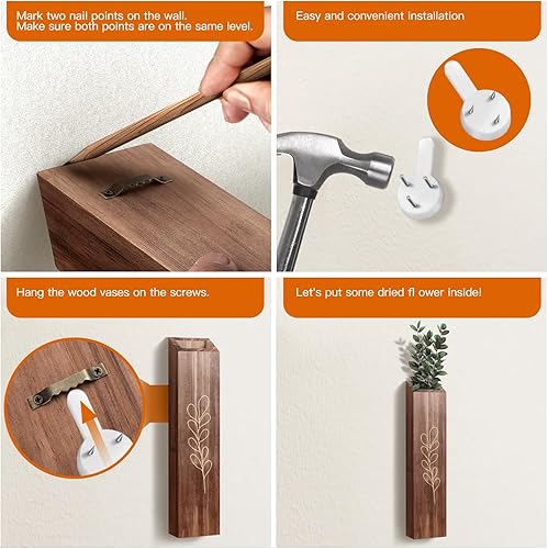Miniatura 5 de Paquete de 4 macetas de pared de madera para interiores, decoración de pared moderna para sala de estar, dormitorio, jarrones de pared de bolsillo
