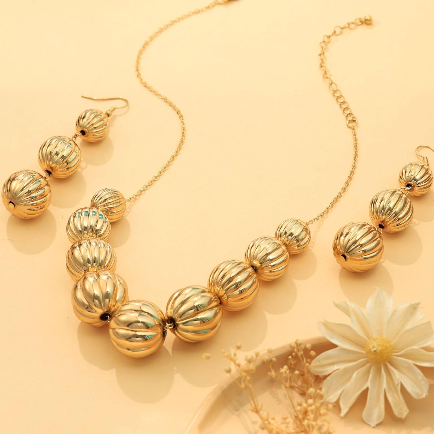 Chunky Lucky Bead Graduated Ribbed Sphere Necklace Earrings Jewelry Set For Women Statement Glam Elegant Party Adjustable Chain Gold Color - Image 5