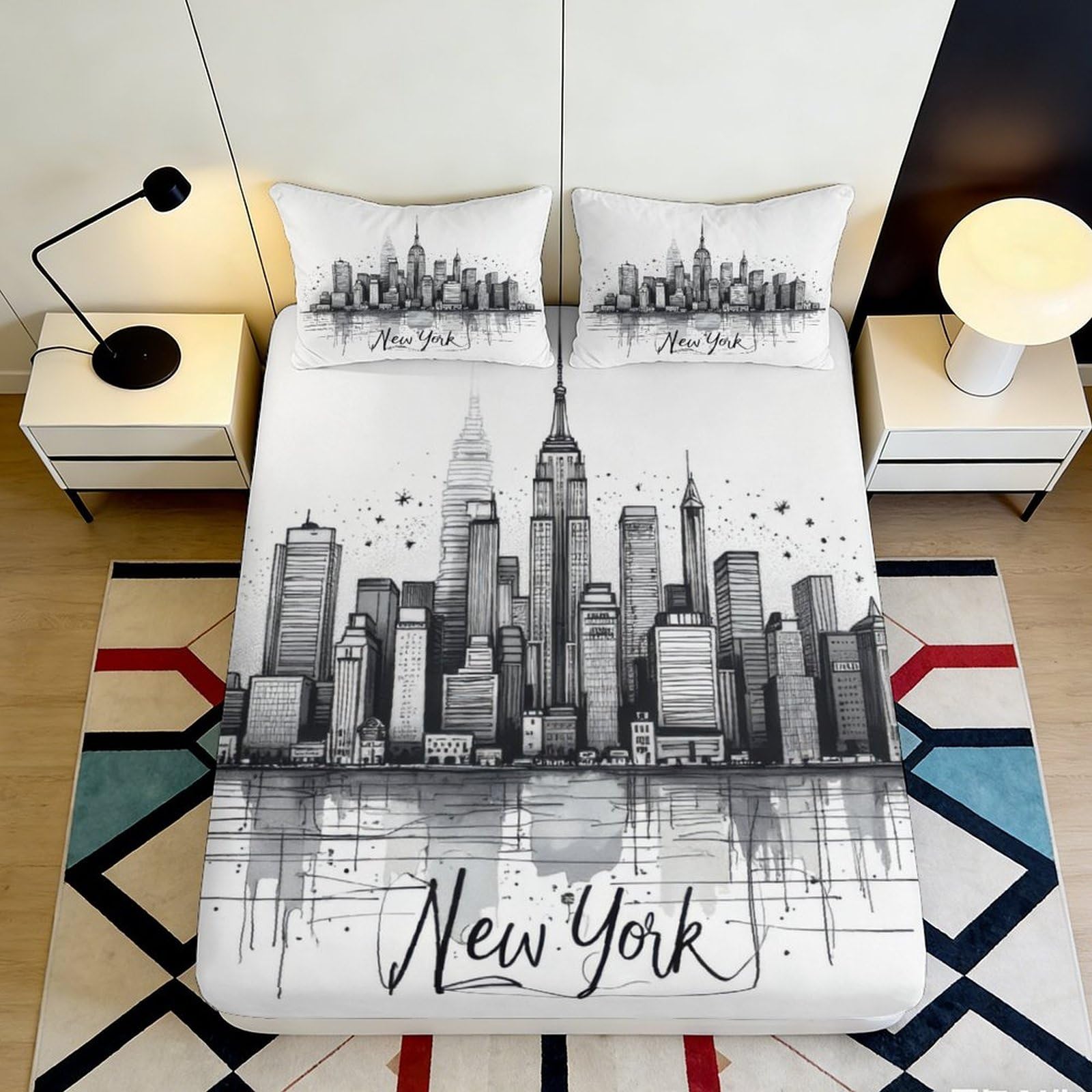3D Printed New York City Fitted Sheet Microfiber Deep Pocket Full Wrap Bedroom Bedding New York Mattress Fitted Cover Washable for Adults 120x200x25cm