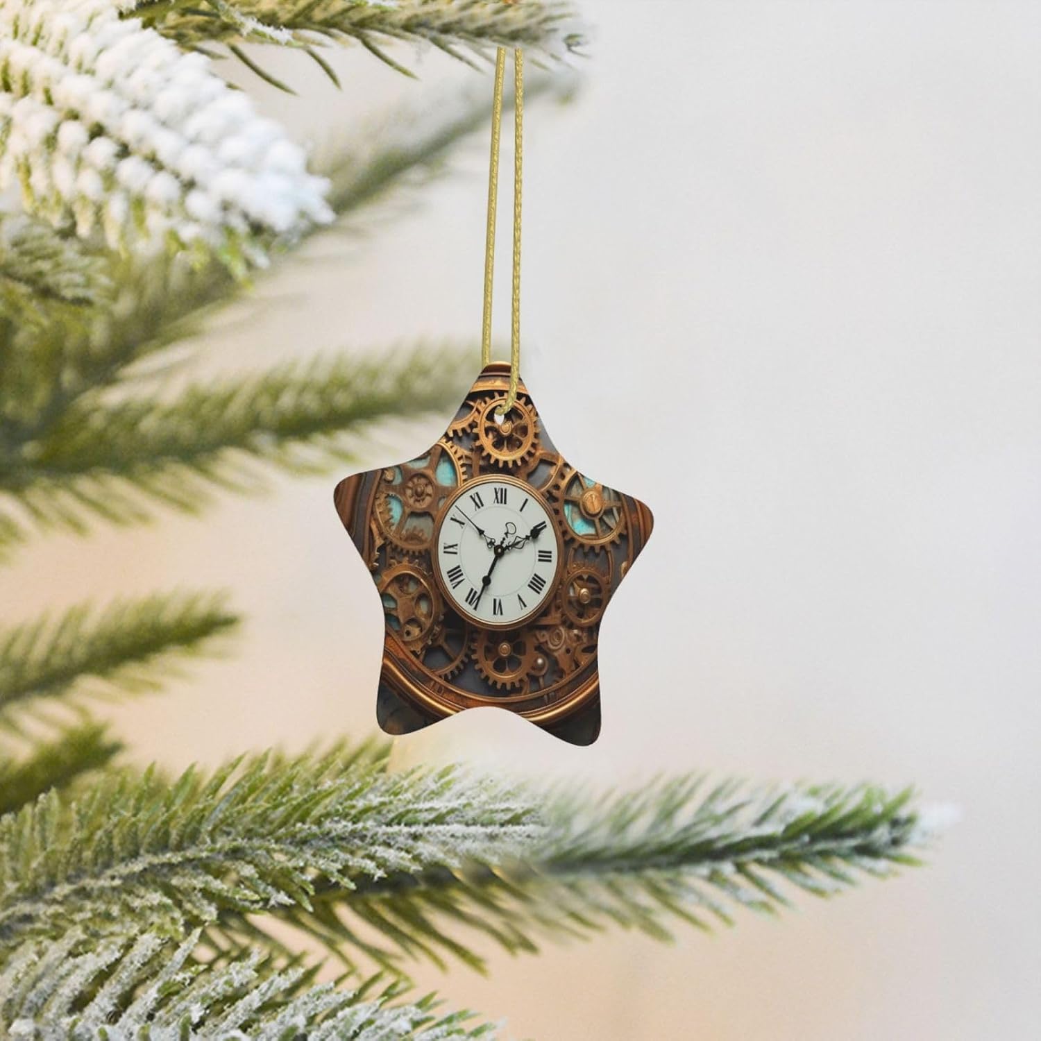 Rusty Steampunk Clock Christmas Ornament Star Shape Ceramic Christmas Hanging Ornament Christmas Tree Decoration Ceramic Ornament for Xmas Decor Home Office Gift Ideas