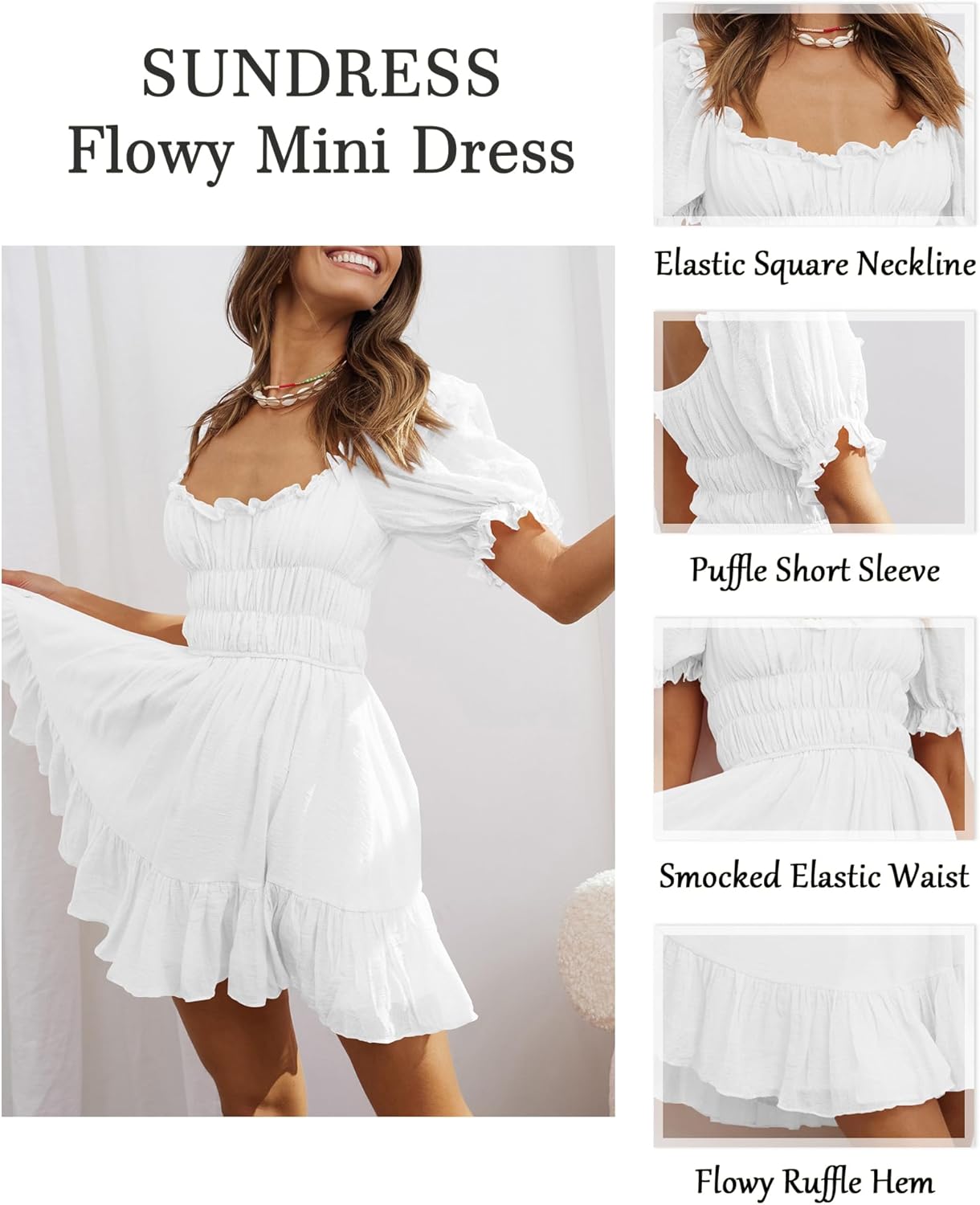 Women's Square Neck Puff Sleeve Mini Dresses Ruffle Elastic Waist A-Line Elegant Summer Casual Flowy Mini Dress - Image 3