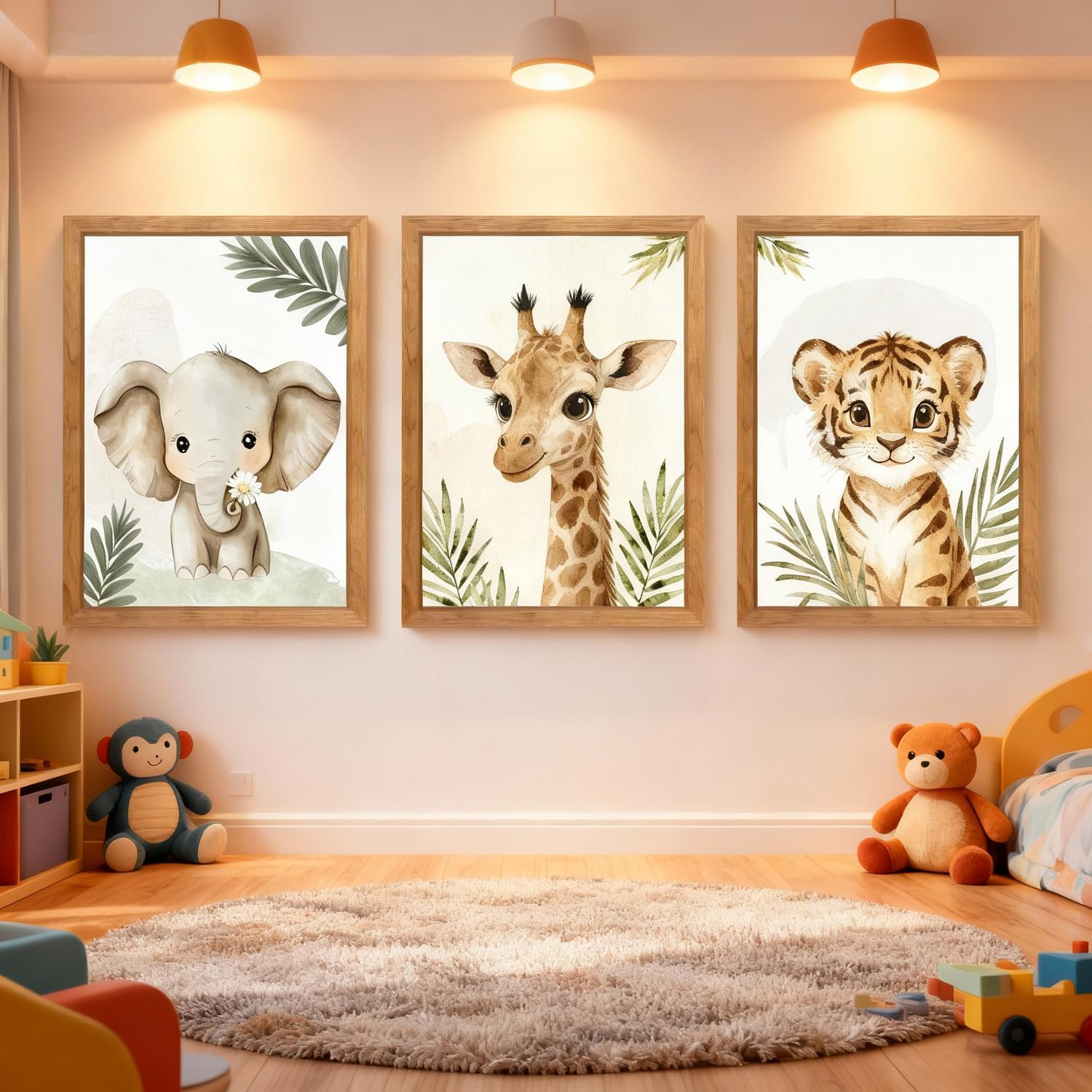 3 Set Safari Nursery Wall Decor, 11x16 Inch Framed Cute Giraffe Elephant Tiger Print Sign, Jungle Theme Cartoon Animal Wall Art for Baby Girl Boy Room Decoration, Natural