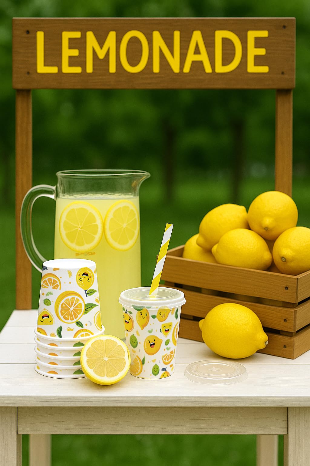 Limonadenbecher mit Deckel und Trinkhalm, Limonadenständer, Zitronenmuster, Sommerkaltgetränke, Einweg-Fruchtsaft-, Kaffee-Pappbecher, Party- und Outdoor-Zubehör, 300 Stück, 300 Stück