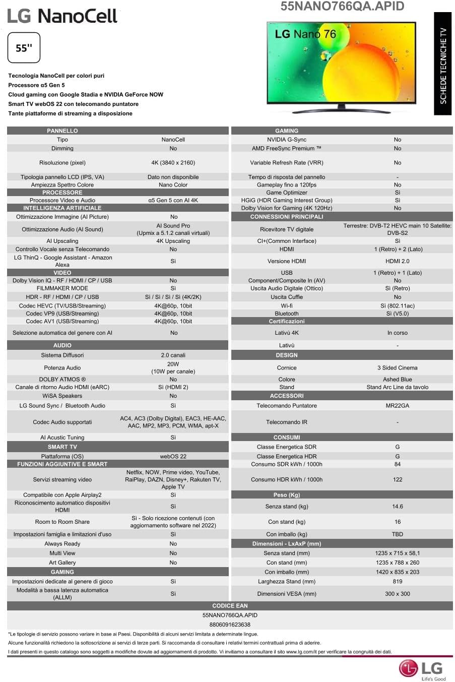 LG NanoCell 55NANO766QA Smart TV 4K 55 Serie NANO76 2022, Processore α5 Gen 5, Filmmaker Mode, Game Optimizer, Wi-Fi, AI ThinQ, Google Assistant e Alexa Integrati, Telecomando Puntatore