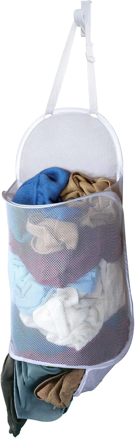 Smart Design Deluxe Mesh Over The Door Pop Up Hamper w/ Hook & Adjustable Strap - VentilAir Mesh Material - for Laundry & Clothes - Home - (Holds 3 Loads) (17 x 28 Inch) [White]