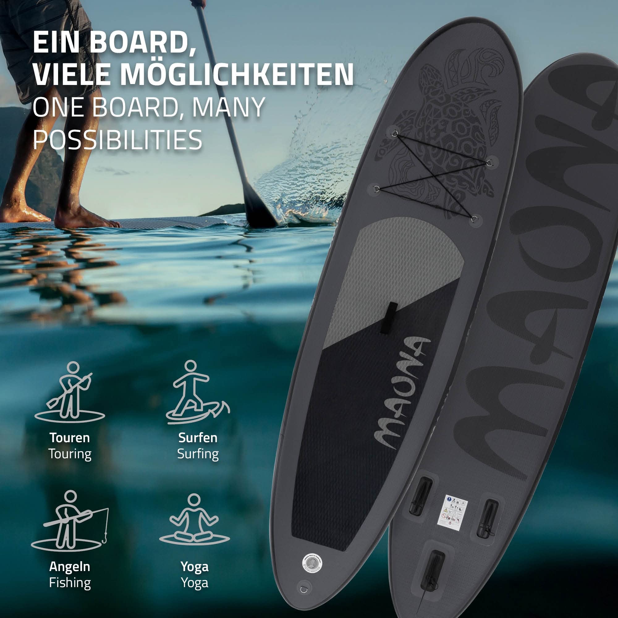 ECD Germany Maona nadmuchiwana deska do paddleboardingu, turkusowa/czarna/różowa/szara/oliwkowa, 308 cm, wykonana z PCW, aluminiowe wiosło, kompletny zestaw, deska SUP, deska surfingowa