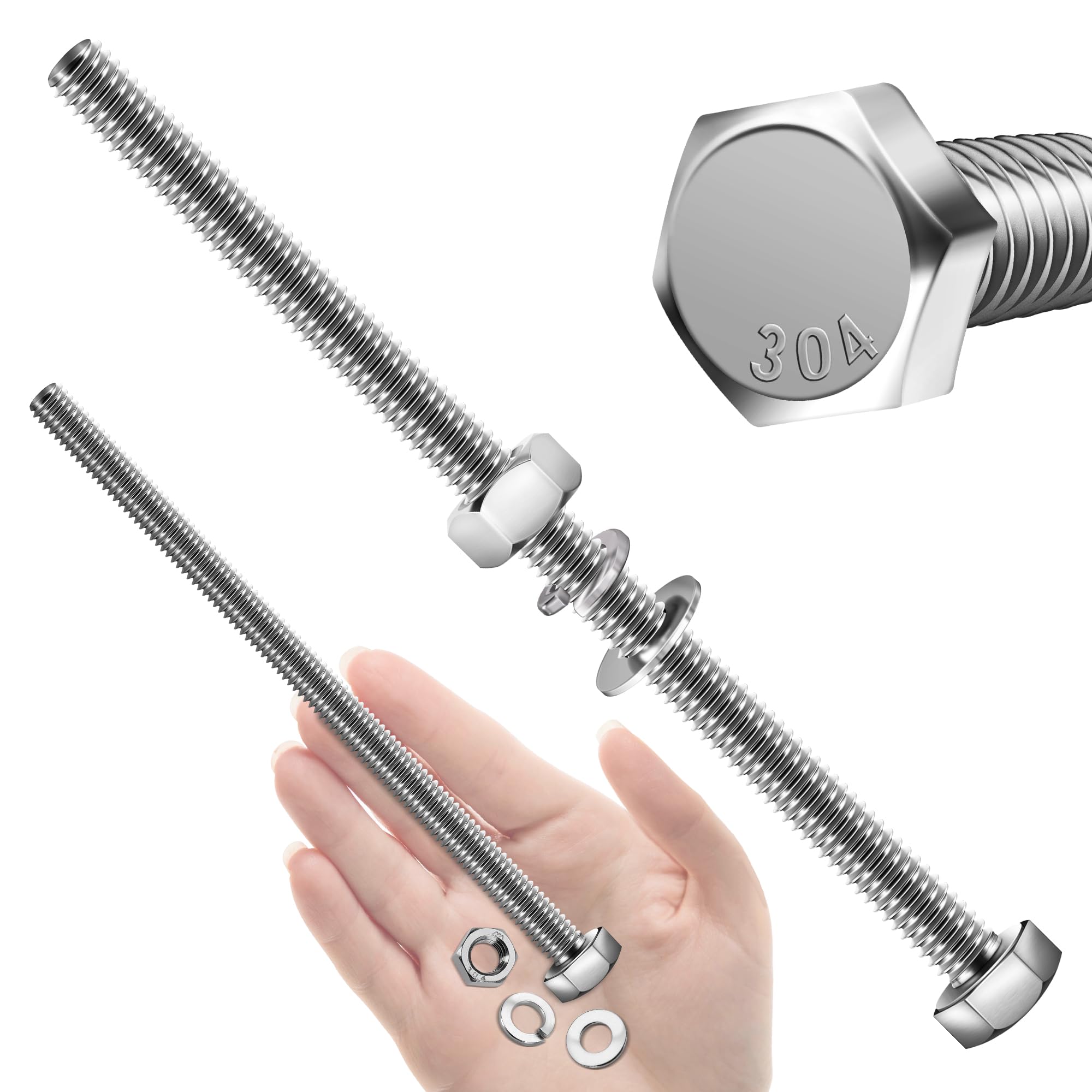 (10 Sets) 5/16-18x5 Hex Head Assorted Screws Nuts and Bolts with Flat & Lock Washers, 304 Stainless Steel 18-8, Fully Threaded, 5/16 Bolt, Bolts and