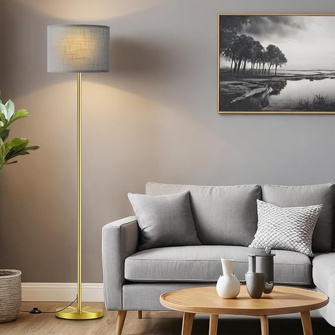 Ambimall 60'' Modern Floor Lamp with Shade, Tall Lamps for Living Room, Bedroom, Office, Dining Room, Beige Shade with Brown Pole(Without Bulb)