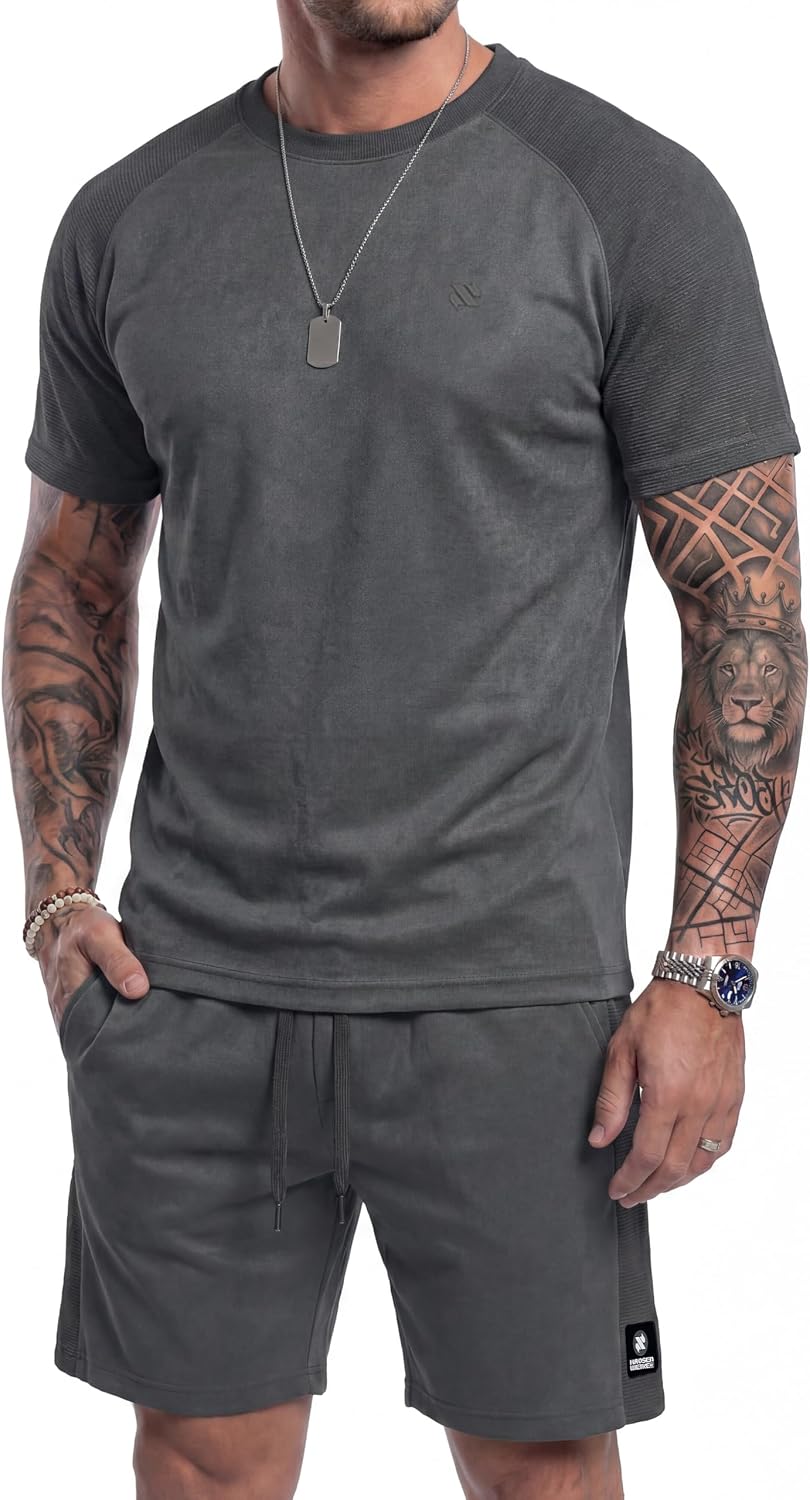 Men 2 Piece Shorts and Top Set Casual Tracksuit Matching Outfit | Heavyweight Short Sleeved TShirt Comfy Essentials Sweatsuit Vacation Daily Wear Loungewear Summer Jogging Athletic Outfits