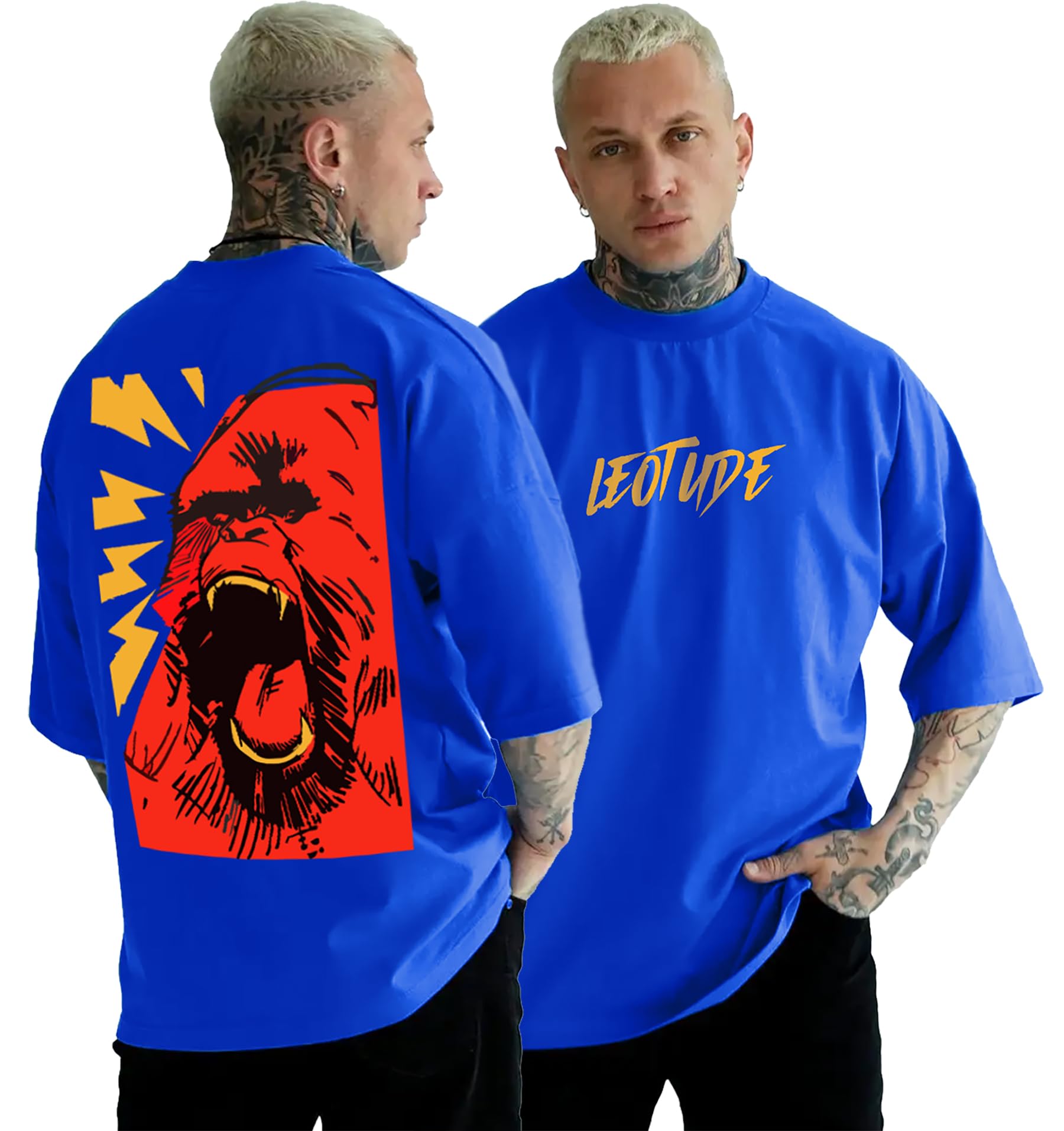 leotude Half Sleeve Oversized Cottonblend Round Neck Drop Shoulder Printed T-Shirt for Men's (Color Blue)-picture-25