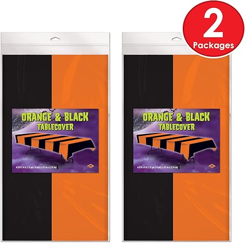 Miniatura 5 de Beistle Mantel de rayas naranjas y negras, 54 x 108 pulgadas, 2 piezas  Mantel de plástico, mantel rectangular, mantel de vacaciones, mantel de