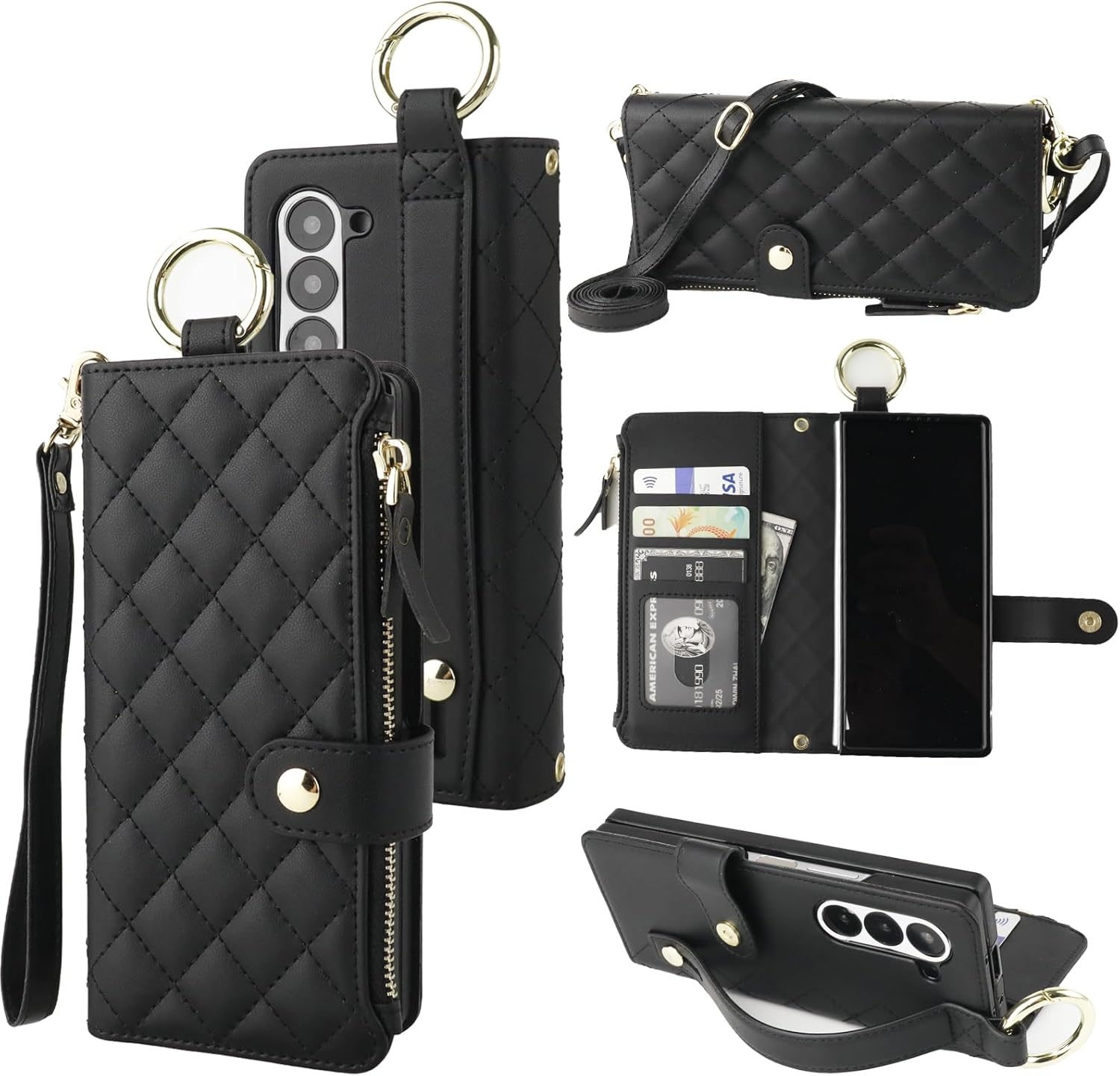 KIHUWEY for Galaxy Z Fold 6 Wallet Case with Card Holder Premium Leather Magnetic RFID Blocking Shockproof Zipper Wrist Strap Lanyard Cover for Samsung Galaxy Z Fold 6 7.6 Inch (Black)