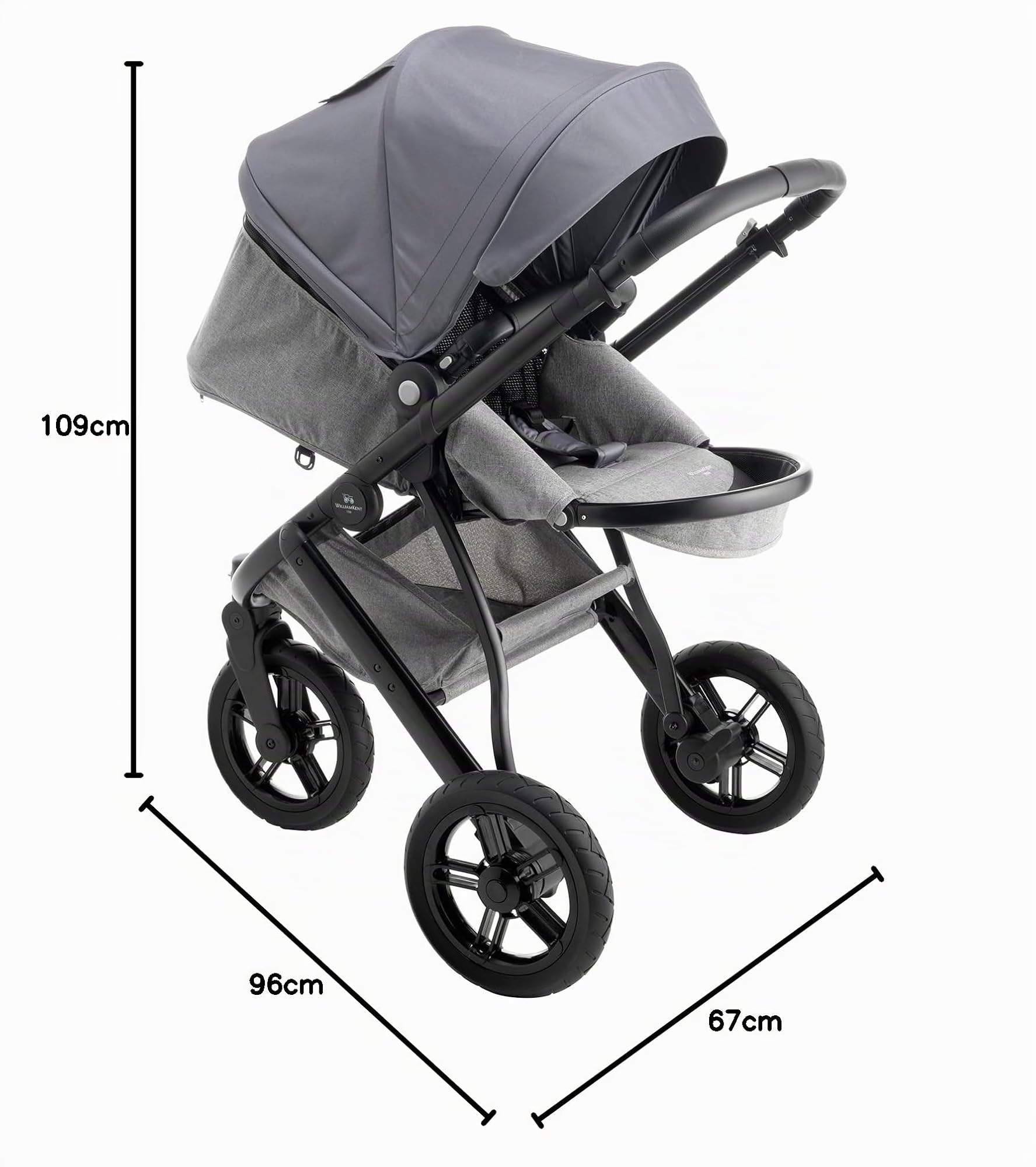 WILLIAM KENT 1733 Poussette 3 roues Phénix | Dès 6 mois et jusqu'à 15kg | Poussette bébé compacte et légère tout-terrain | Siège inclinable position allongé | Capote XL | Grand panier | Grey