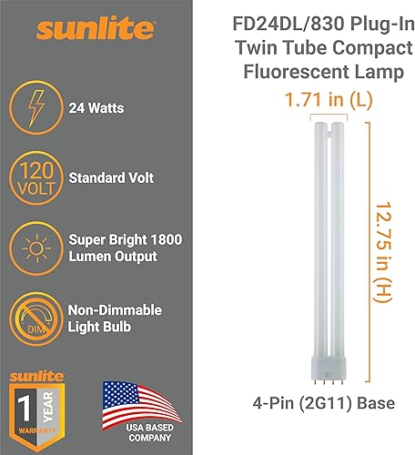 Miniatura 2 de Sunlite FT24DL830 Bombillas fluorescentes compactas de 24 W de tubo doble, luz blanca cálida de 3000 K, base 2G11