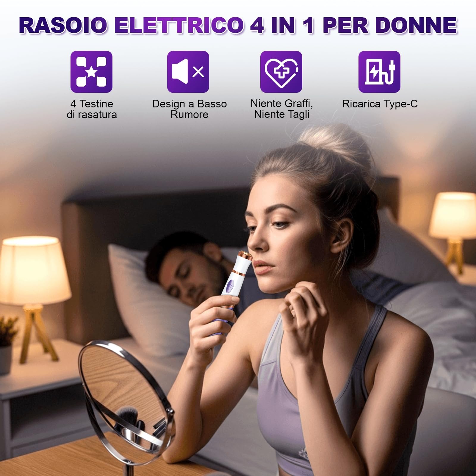 Rasoio Elettrico Donna, 4 in 1 Depilatore Corpo Donna Rasoio Parti Intime Depilatore Viso, Rasoio Intimo Rasoio Elettrico Corpo Epilatore Elettrico Capelli per Viso, Corpo