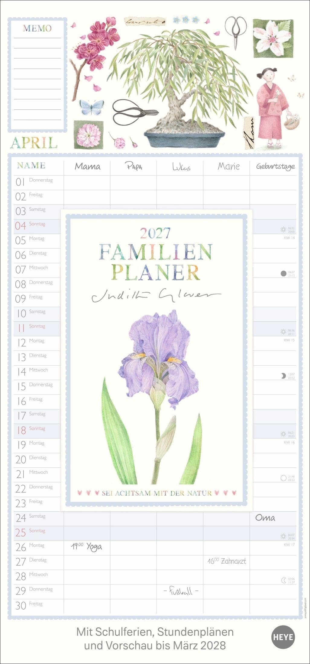 Judith Glover: Familienplaner 2027: Familienkalender mit 5 Spalten. Liebevoll illustrierter Familien-Wandkalender mit Schulferien. Hübscher Wandplaner 2027.