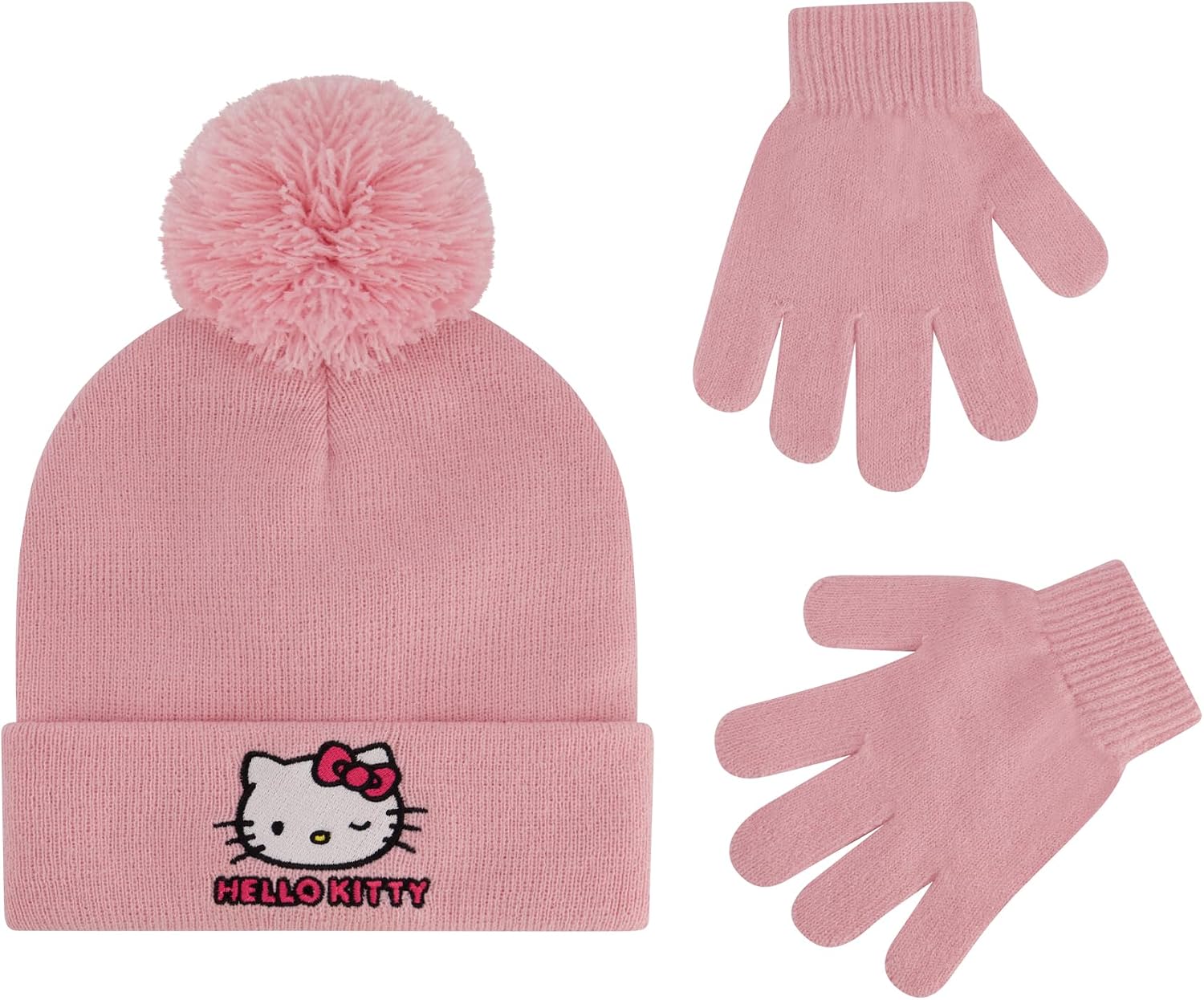 Hello Kitty Beanie Hat and Gloves Set, Girls Cuffed Winter Knit Cap with Pom and Matching Mittens, Blush, One Size