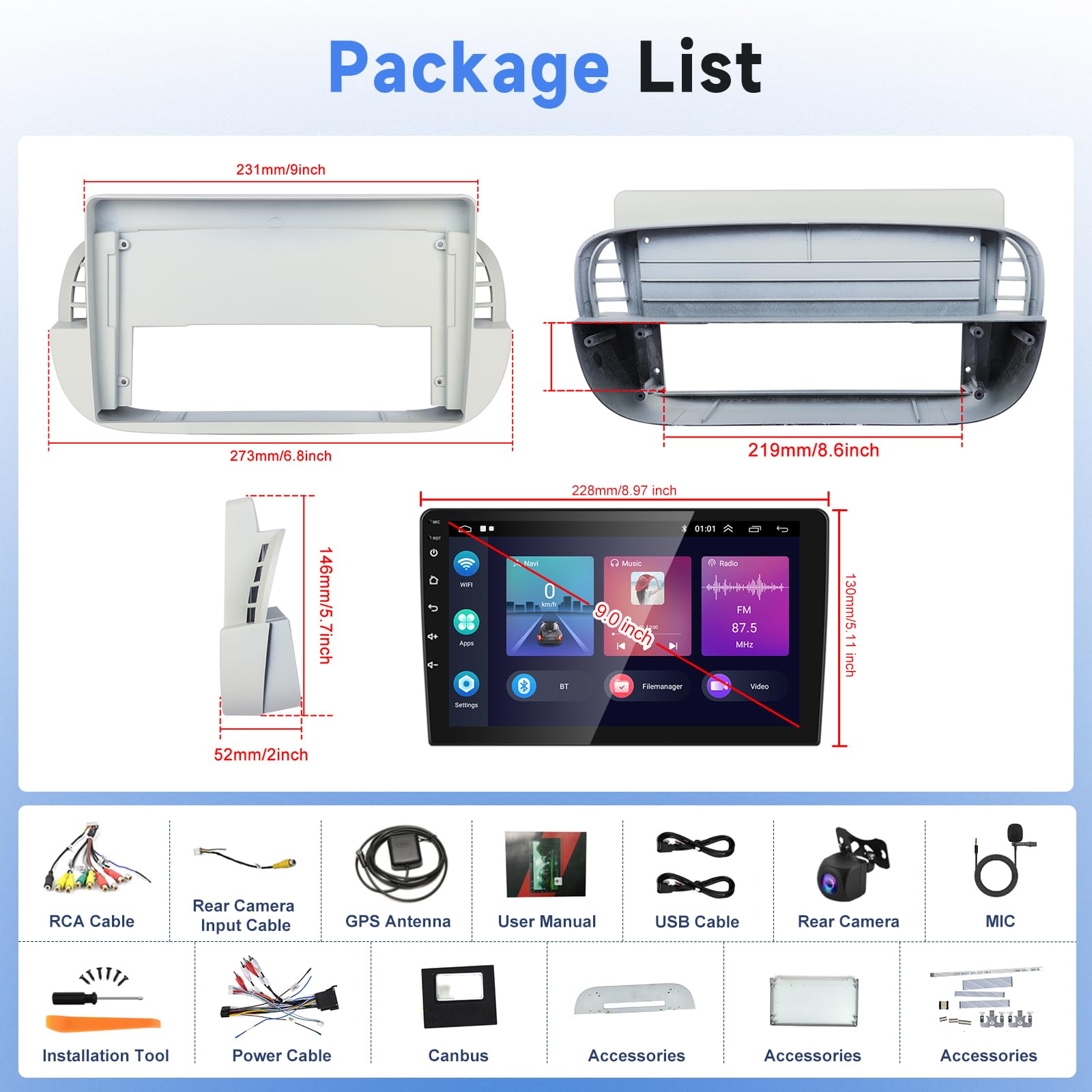Podofo Carplay radio samochodowe do FIAT 500 2007-2015, ekran dotykowy 9 cali 2G + 64G z bezprzewodowym Carplay Android Auto, Bluetooth/GPS/WiFi/FM/RDS/SWC/HiFi/USB + kamera cofania