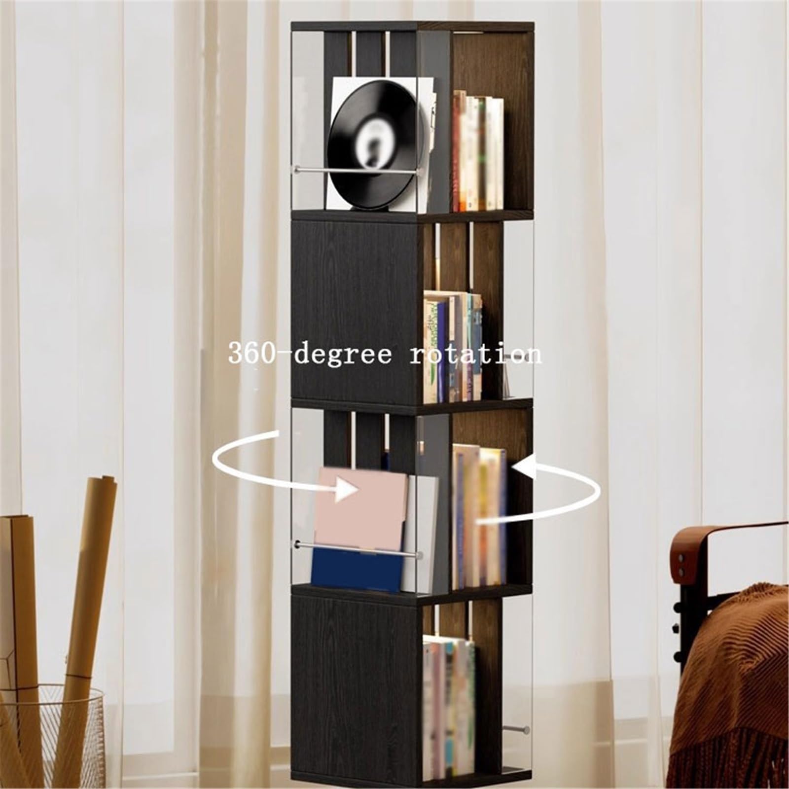 Custodia per CD Porta CD girevole in legno for soggiorno con telaio in acciaio inossidabile, espositore for dischi Portadischi